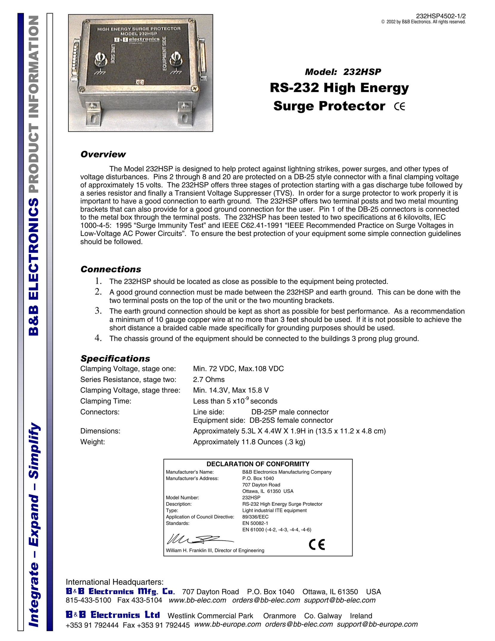 B&B Electronics 232HSP Surge Protector User Manual