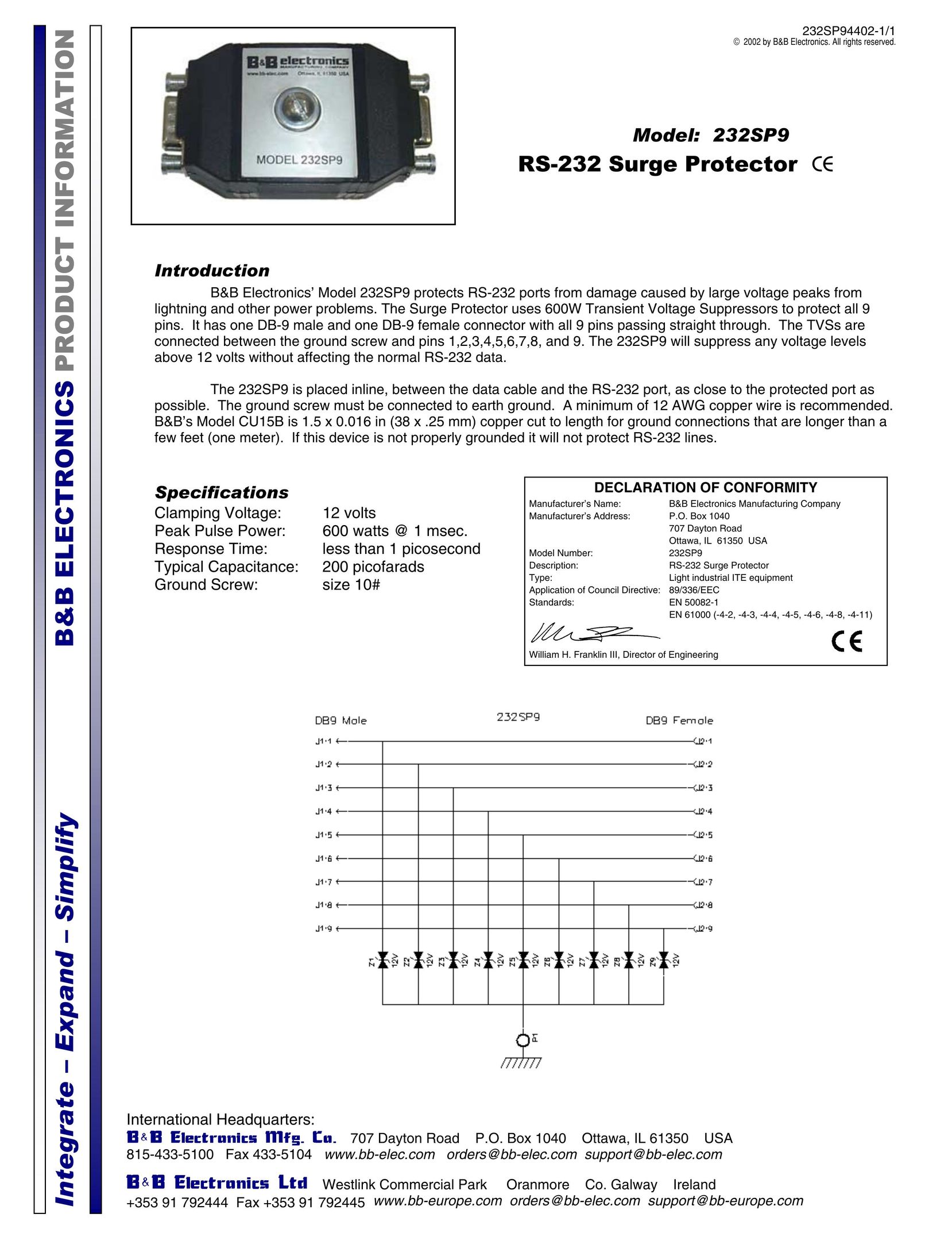 B&B Electronics 232SP9 Surge Protector User Manual