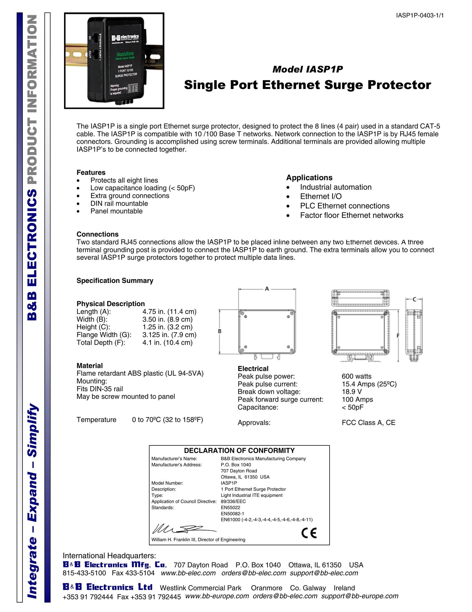 B&B Electronics IASP1P Surge Protector User Manual