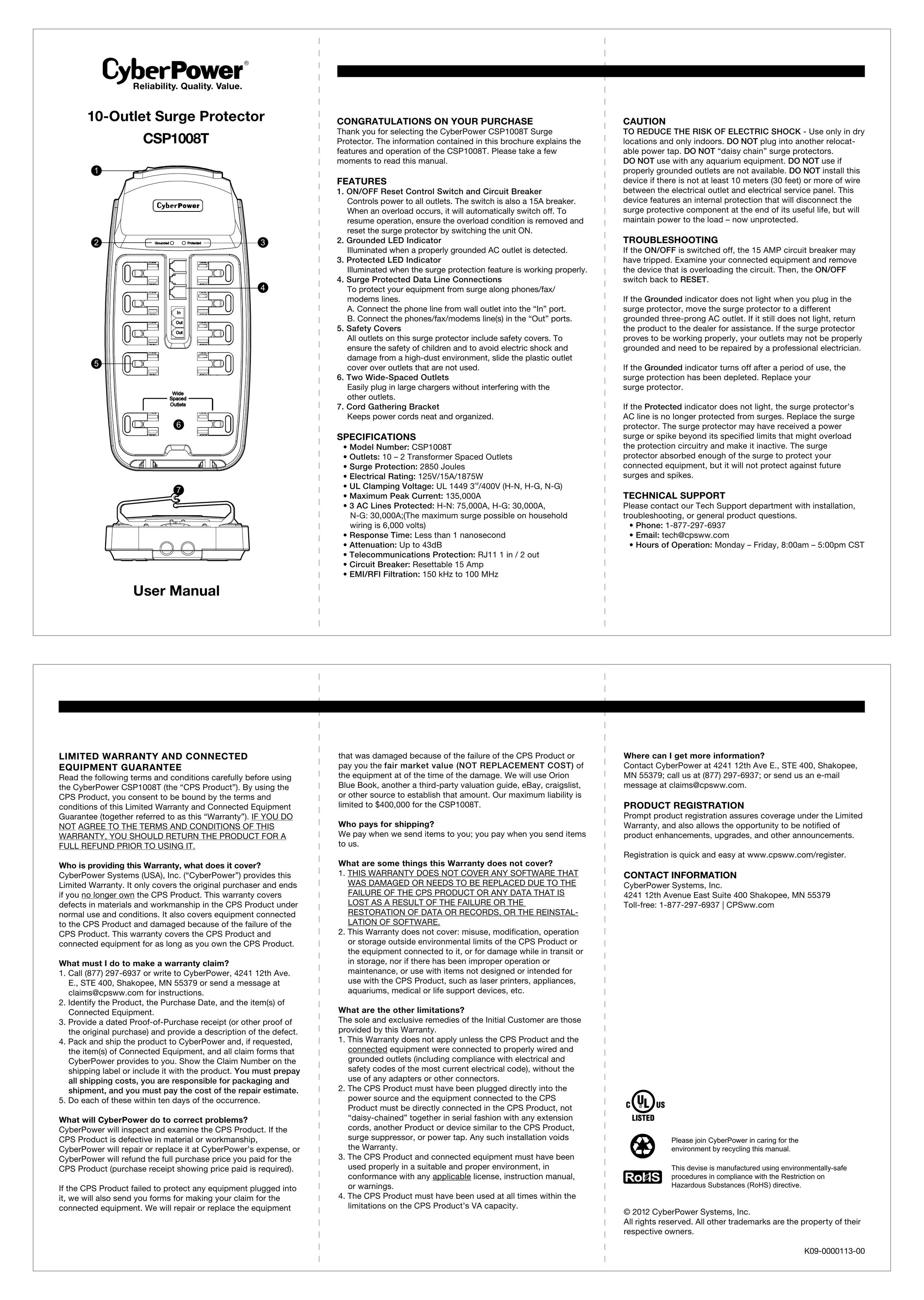 CyberPower CSP1008T Surge Protector User Manual