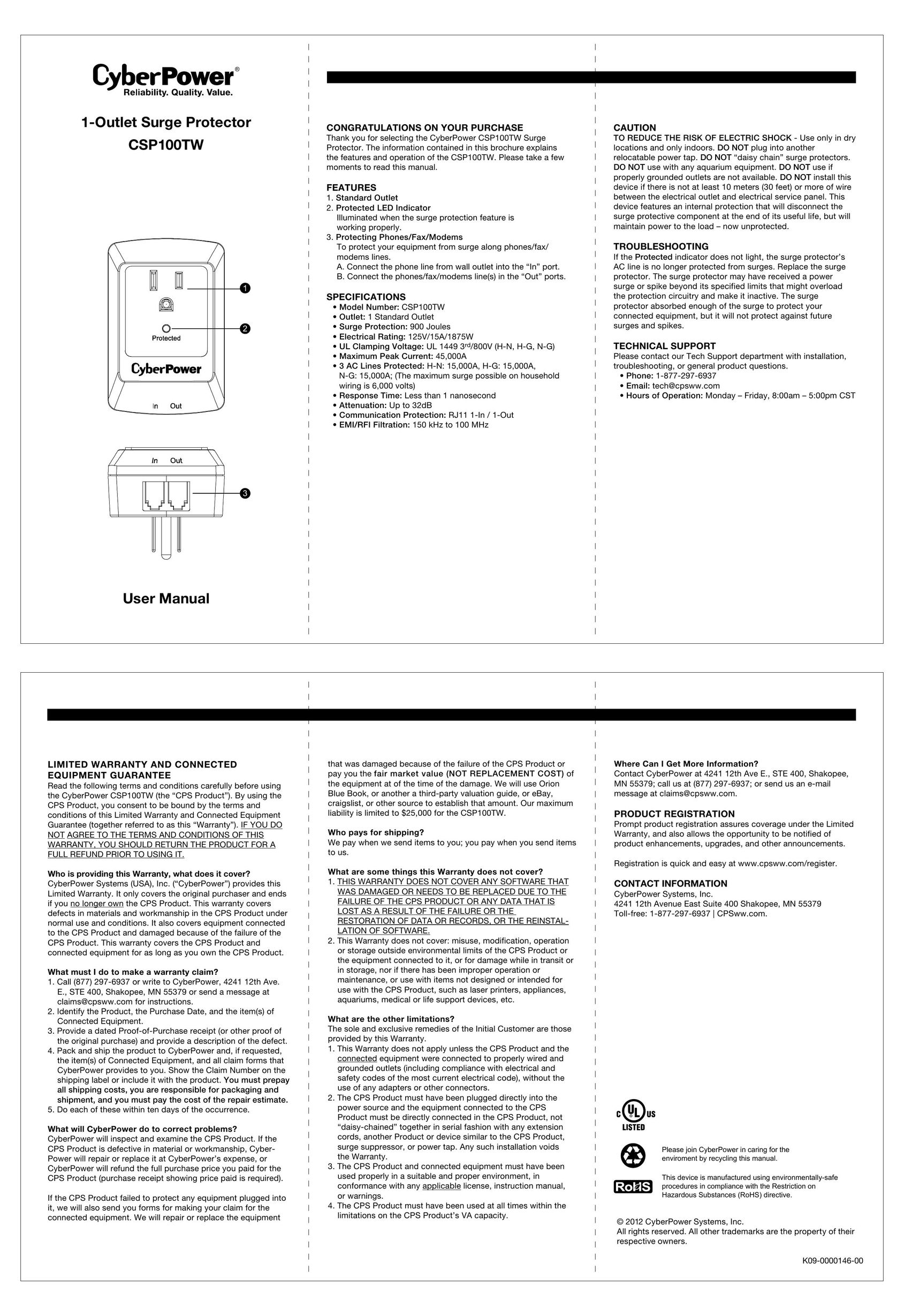 CyberPower CSP100TW Surge Protector User Manual