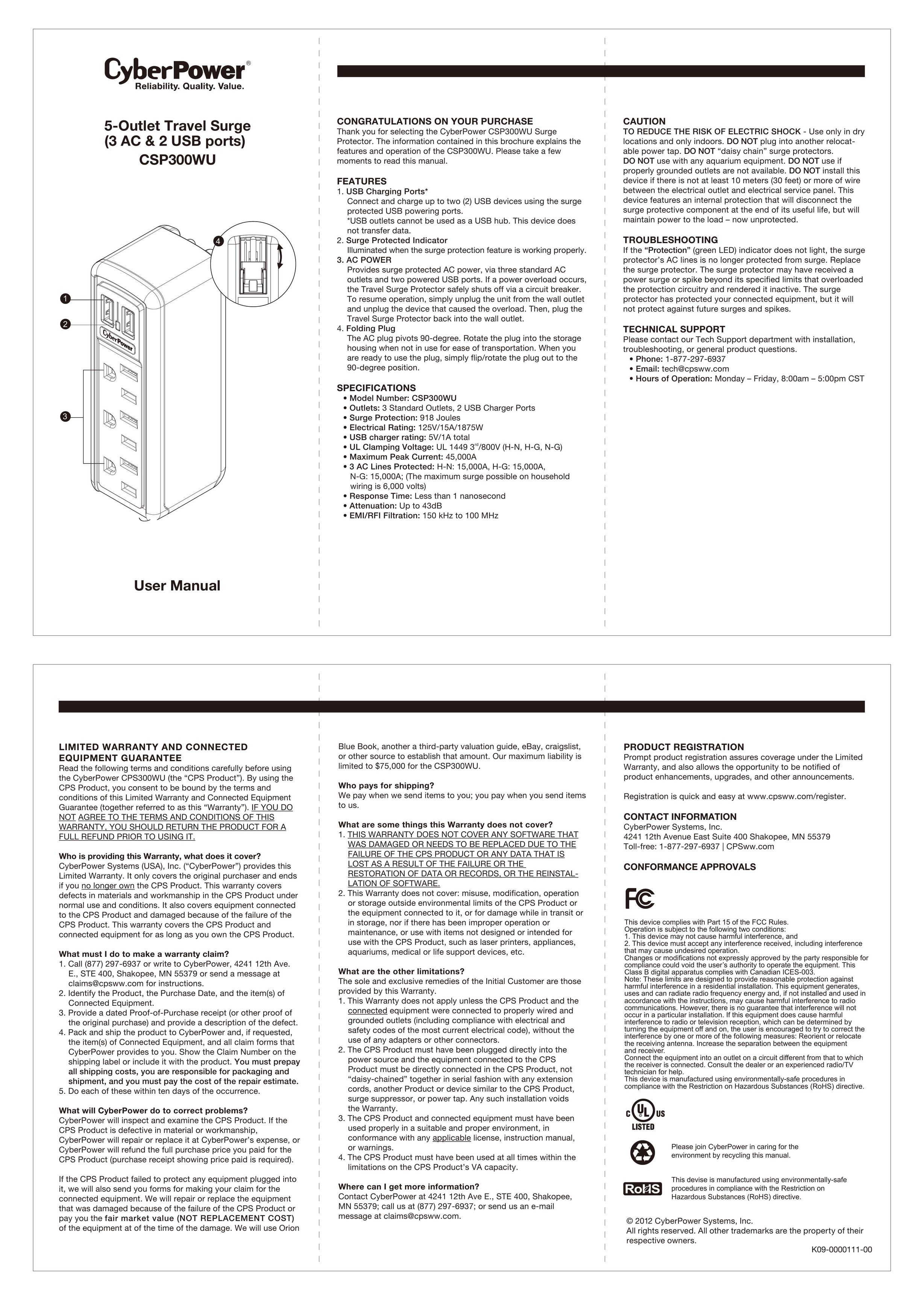CyberPower CSP300WU Surge Protector User Manual