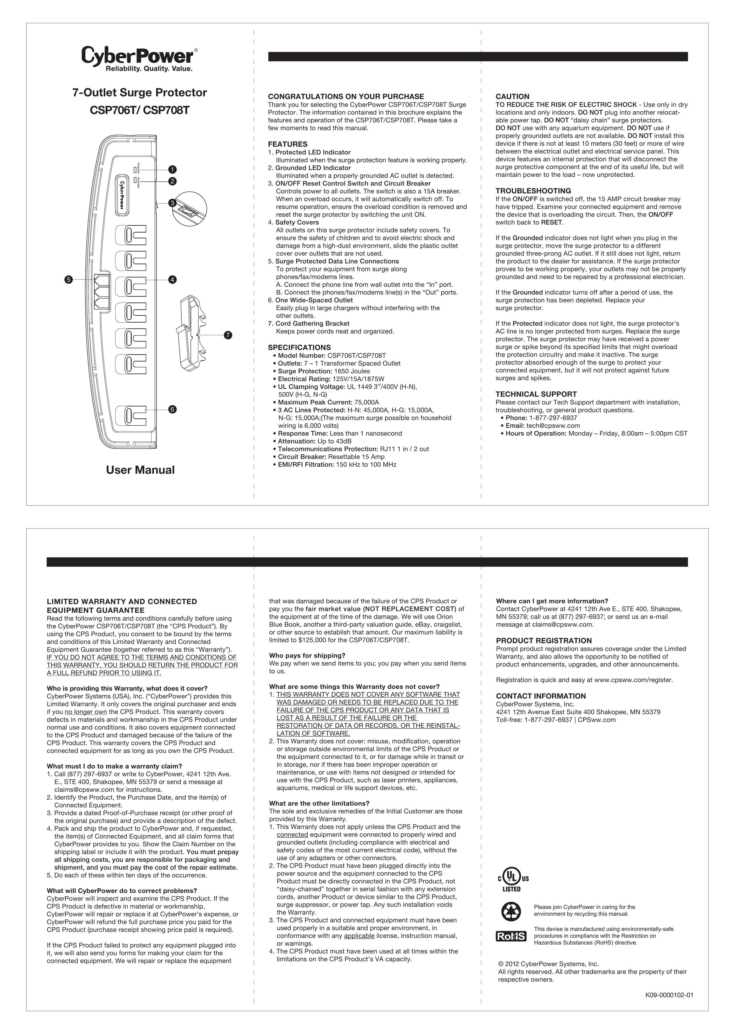 CyberPower CSP706T Surge Protector User Manual