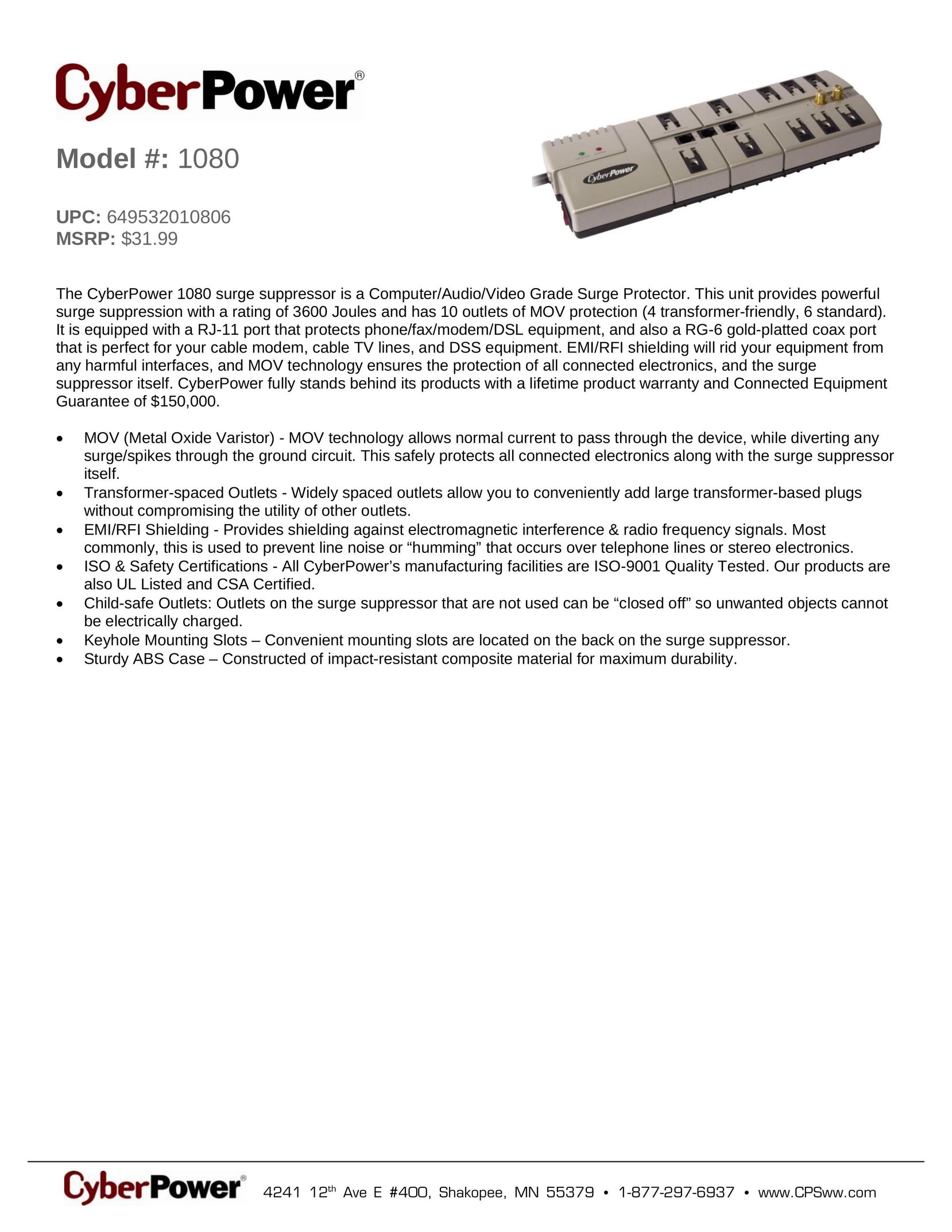 CyberPower Systems 649532010806 Surge Protector User Manual