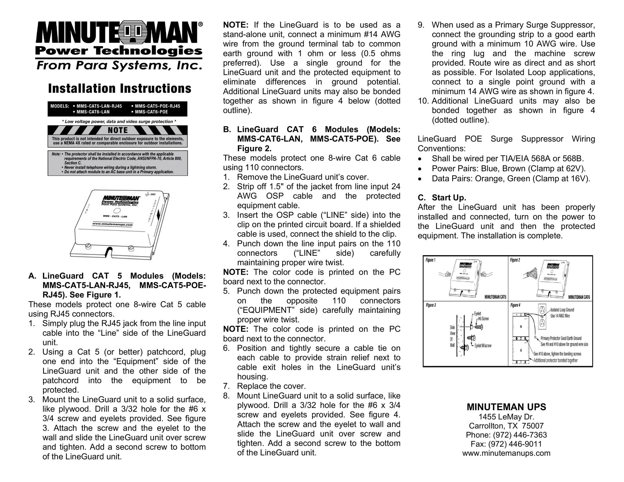 Minuteman UPS MMS-CAT5-POE- RJ45 Surge Protector User Manual