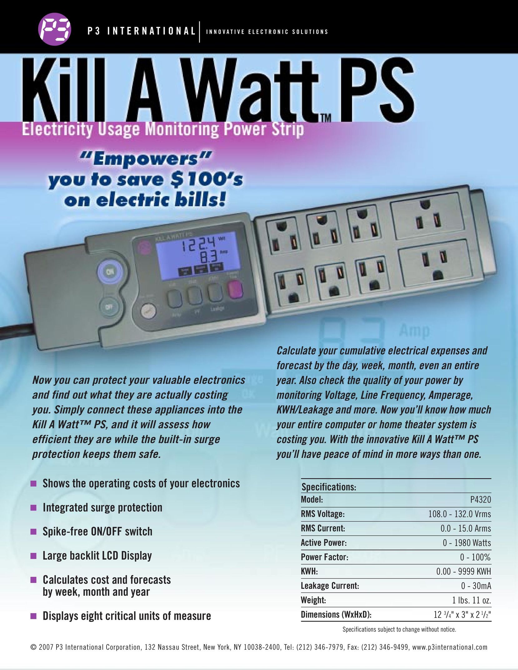 P3 International Electricity Usage Monitoring Power Strip Surge Protector User Manual