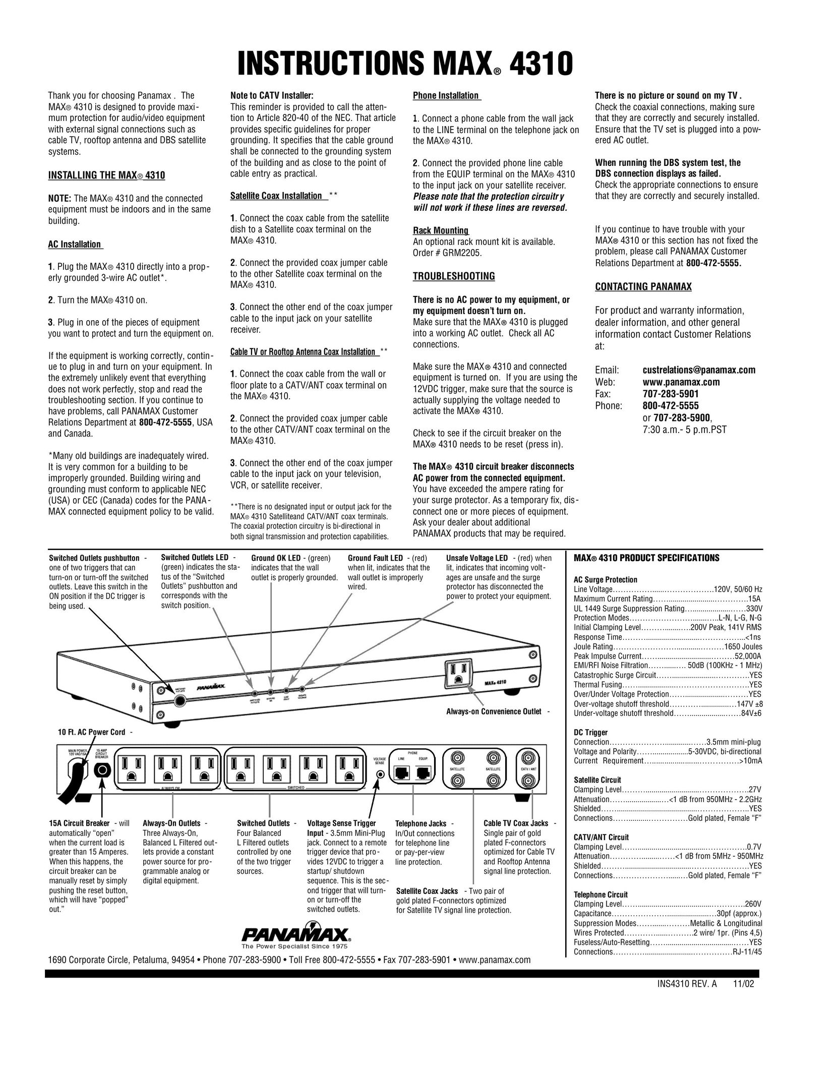 Panamax MAX4310 Surge Protector User Manual