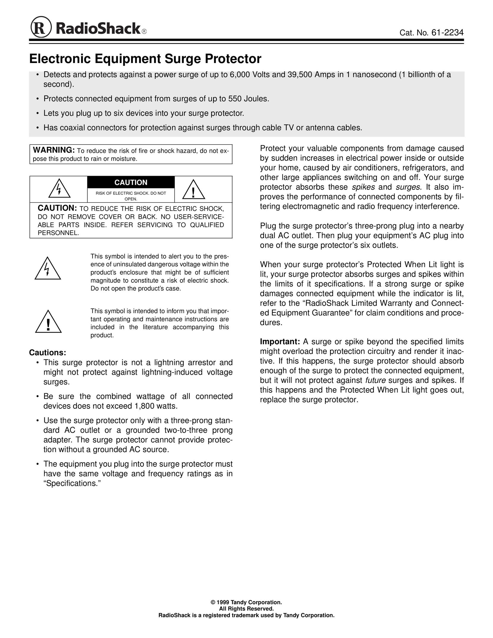 Radio Shack 61-2234 Surge Protector User Manual