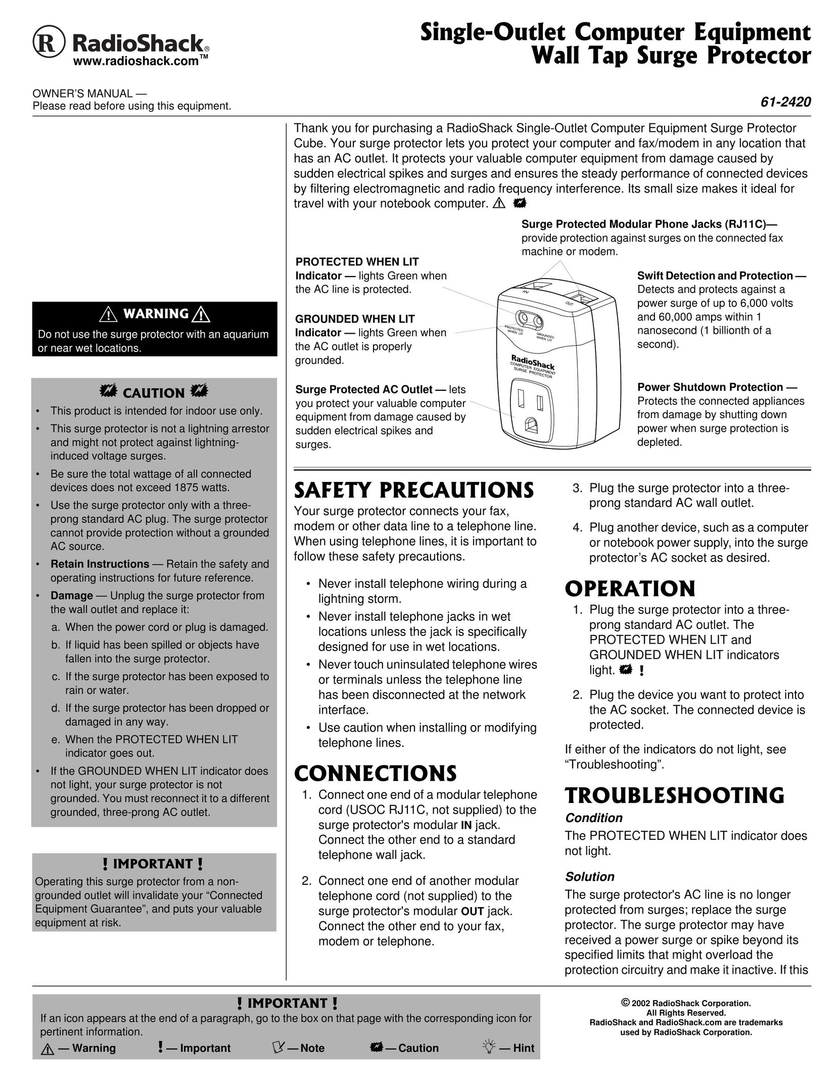 Radio Shack 61-2420 Surge Protector User Manual