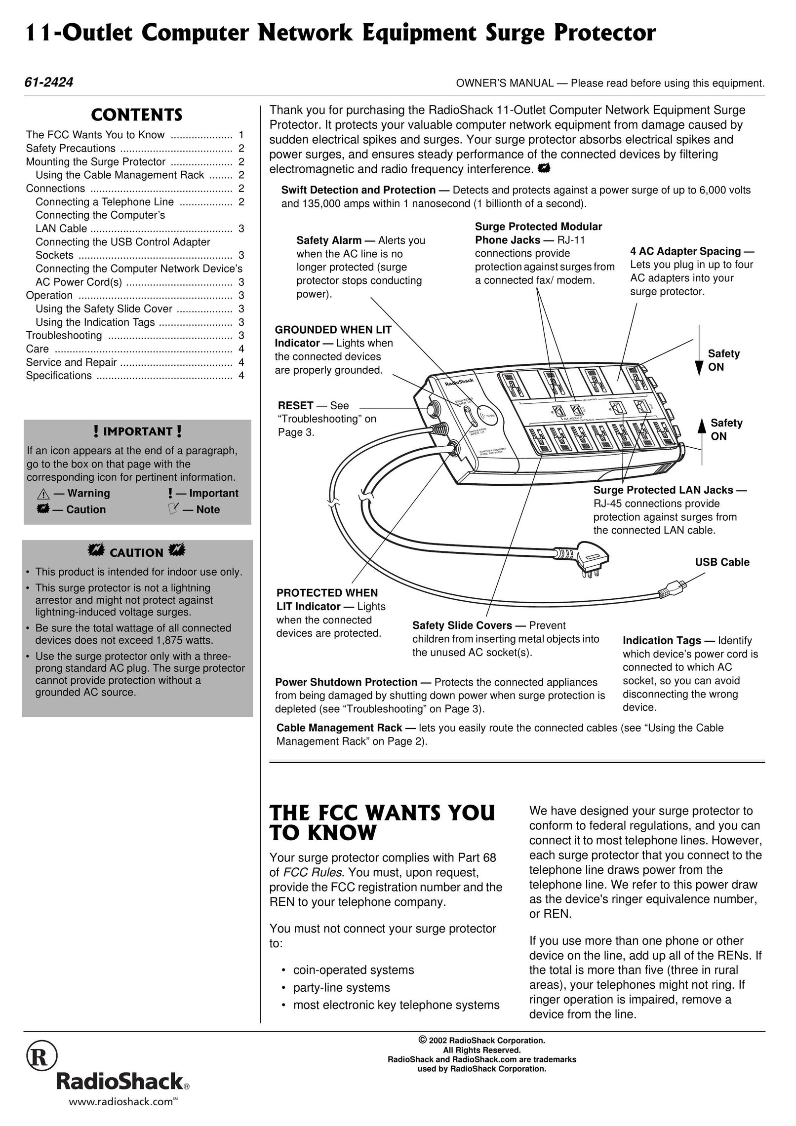Radio Shack 61-2424 Surge Protector User Manual