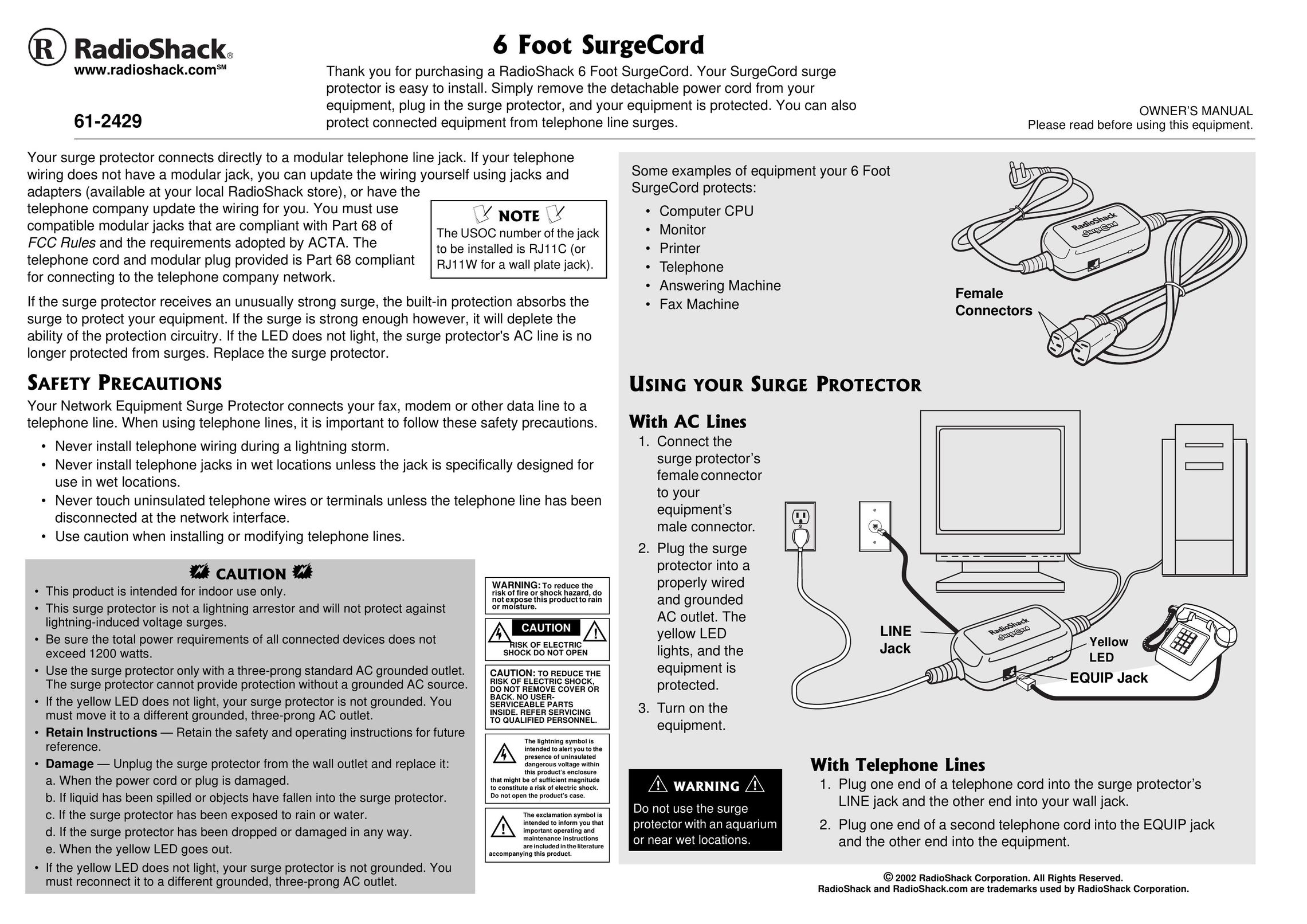 Radio Shack 61-2429 Surge Protector User Manual