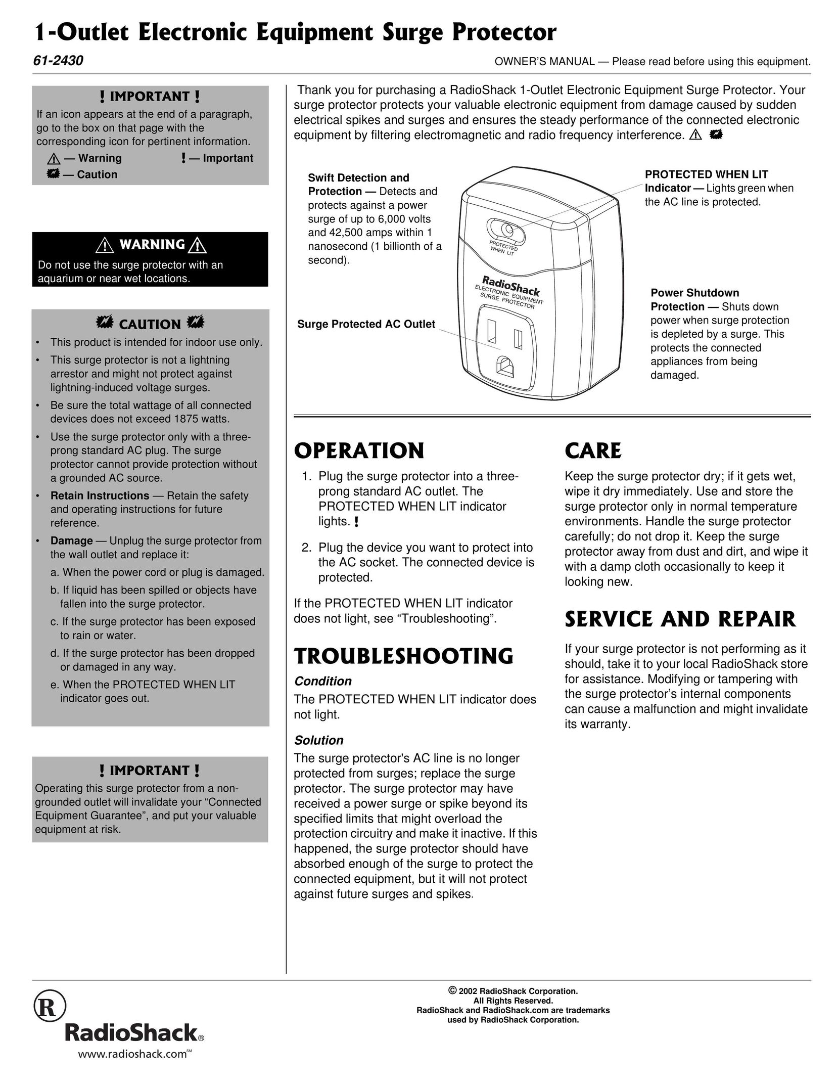 Radio Shack 61-2430 Surge Protector User Manual