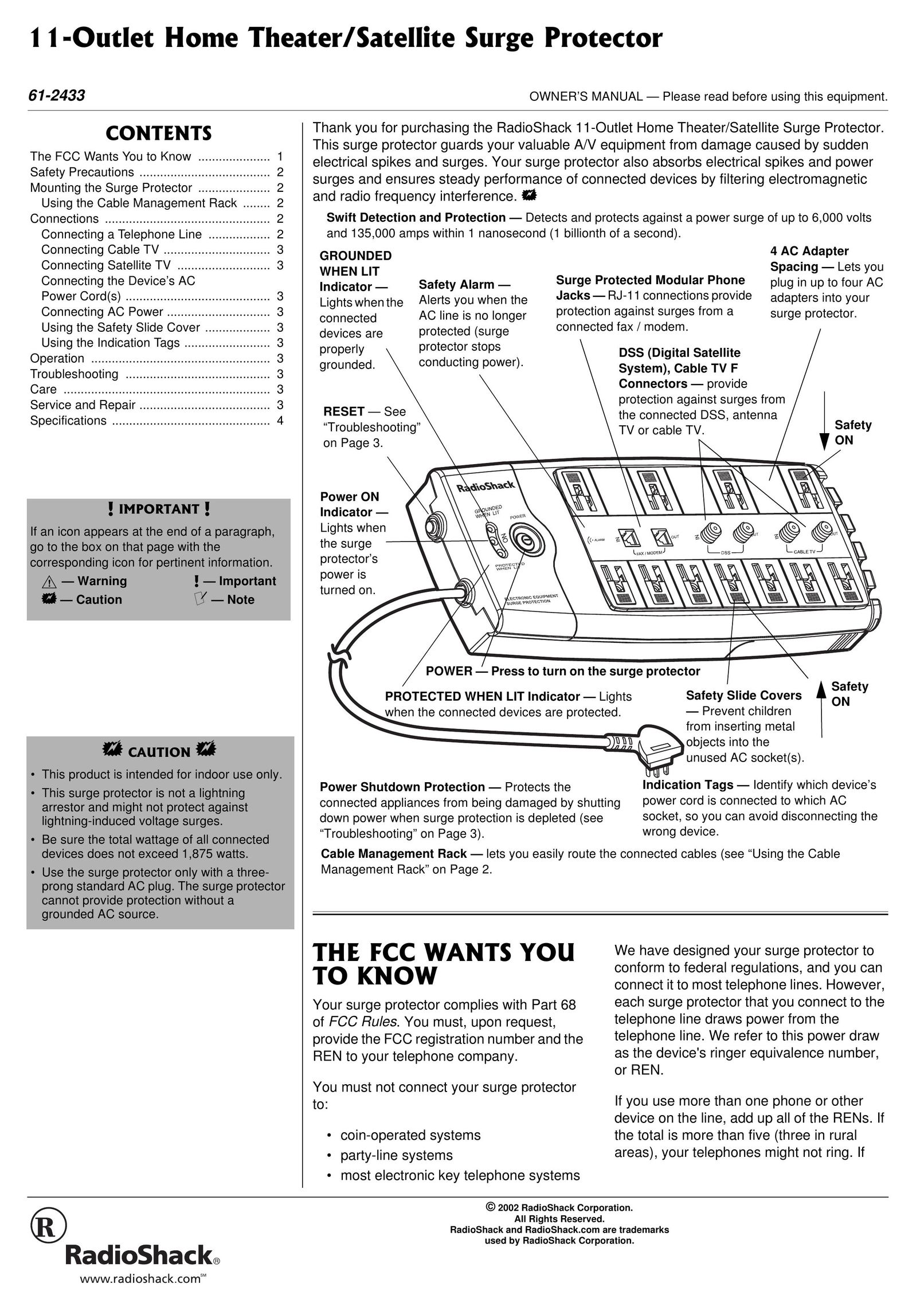 Radio Shack 61-2433 Surge Protector User Manual