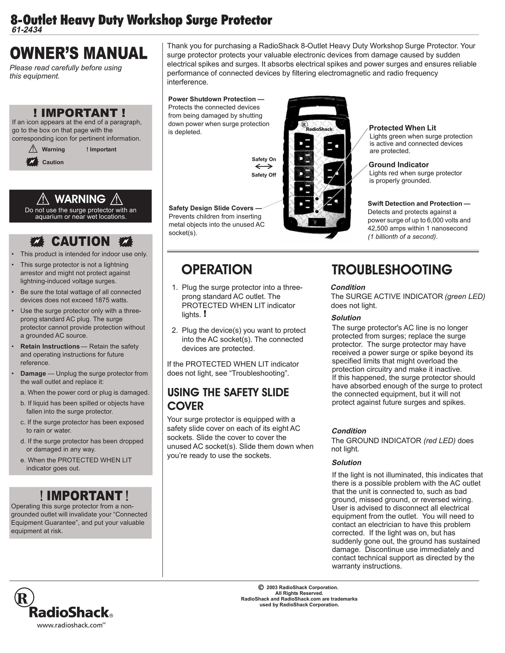 Radio Shack 61-2434 Surge Protector User Manual