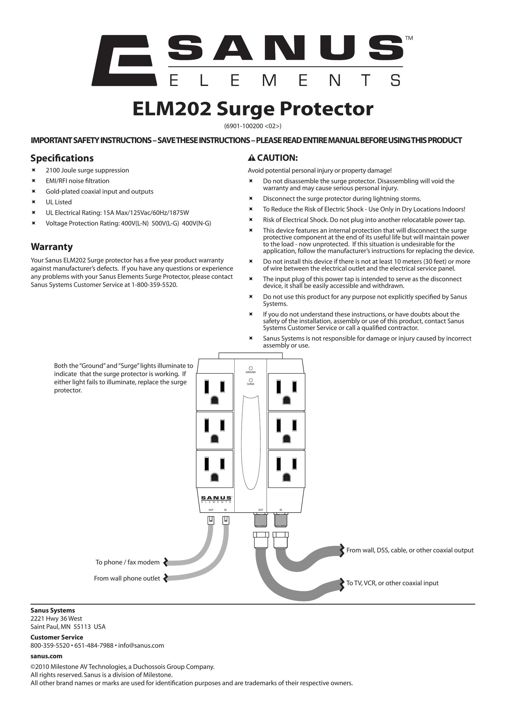 Sanus Systems ELM202 Surge Protector User Manual
