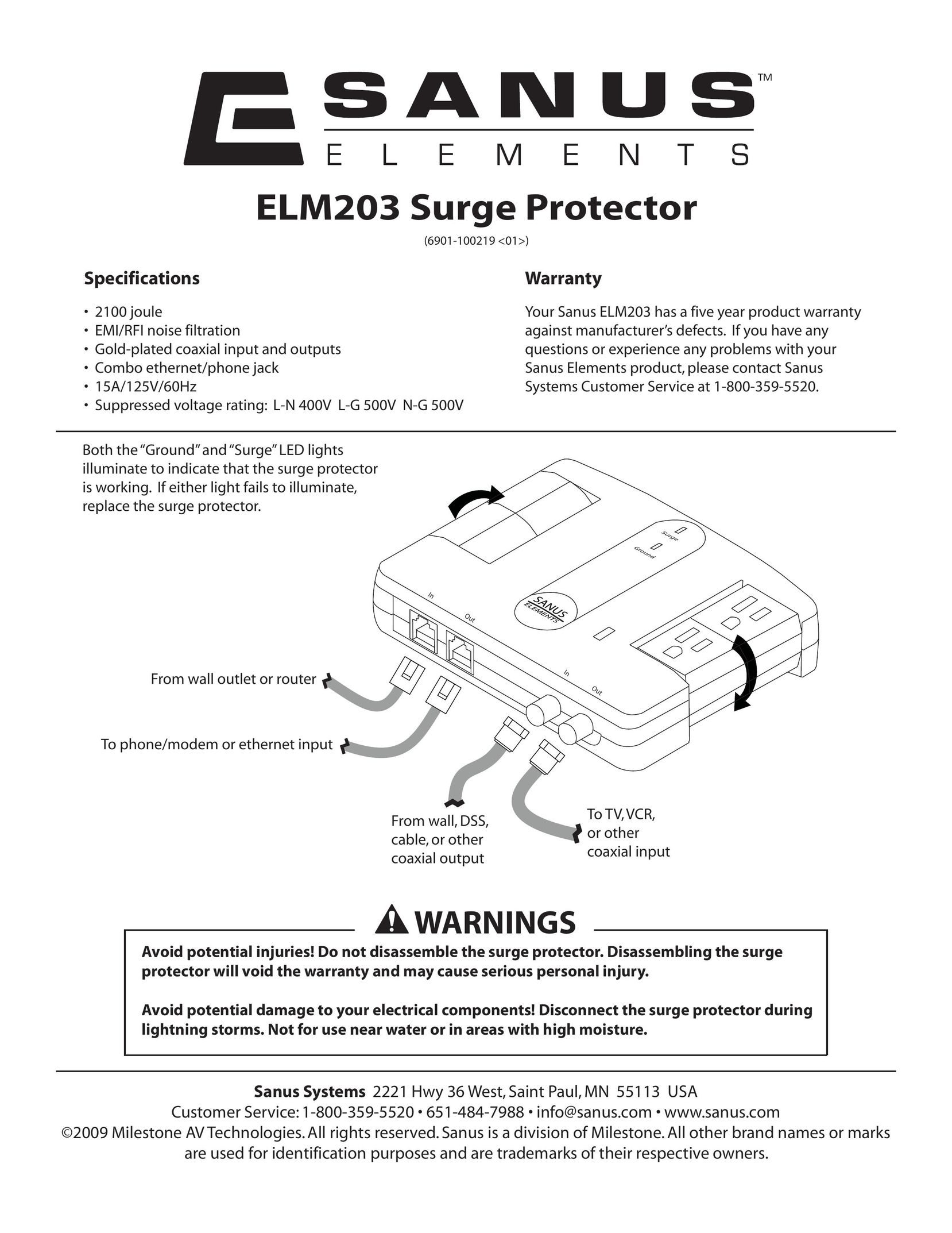 Sanus Systems ELM203 Surge Protector User Manual
