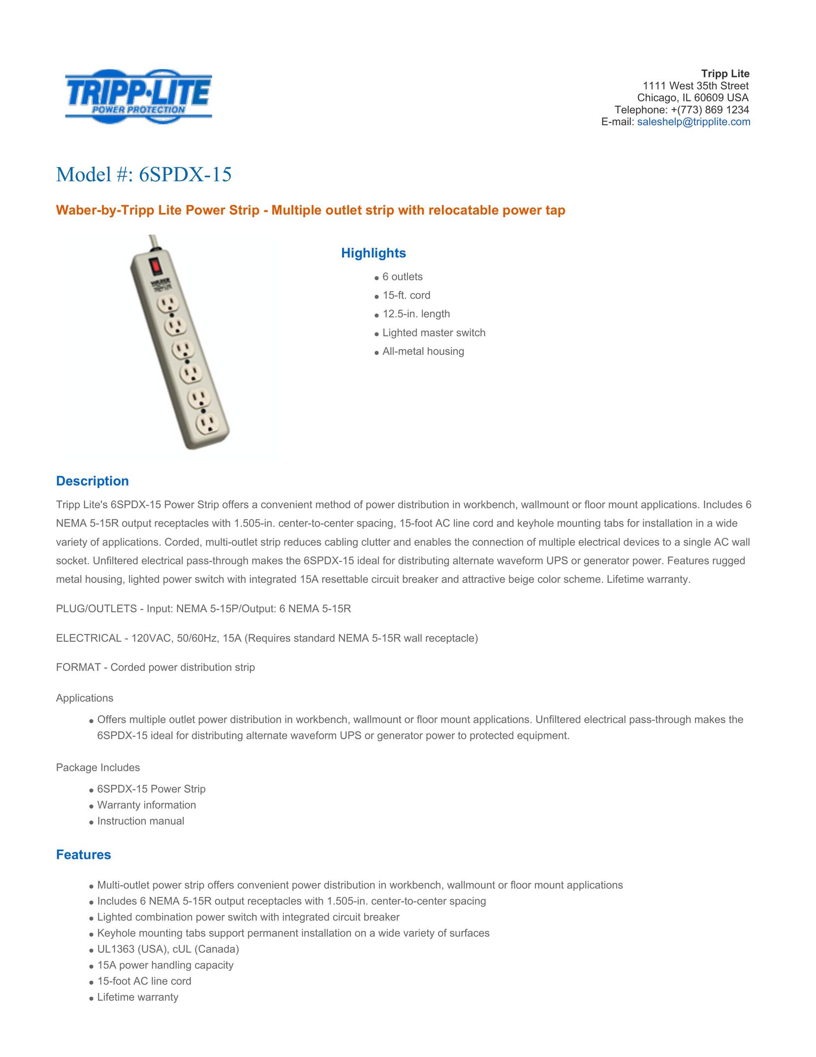 Tripp Lite 6SPDX-15 Surge Protector User Manual