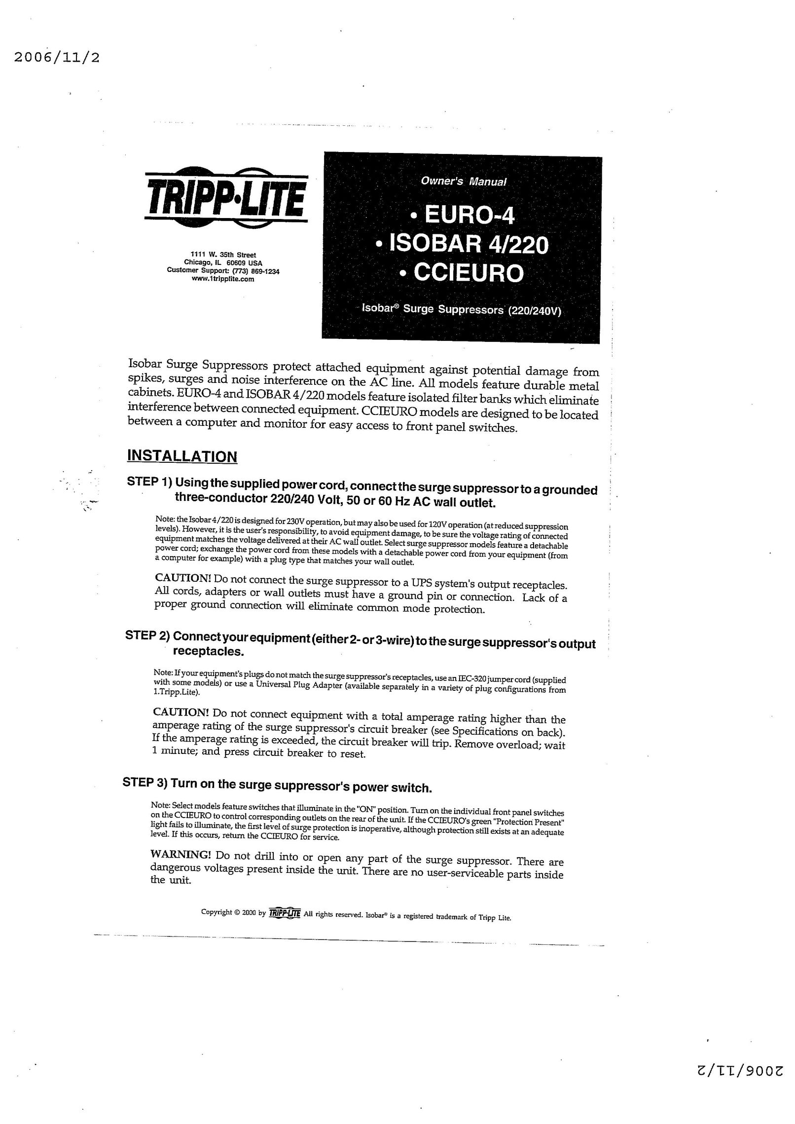 Tripp Lite CCIEURO Surge Protector User Manual