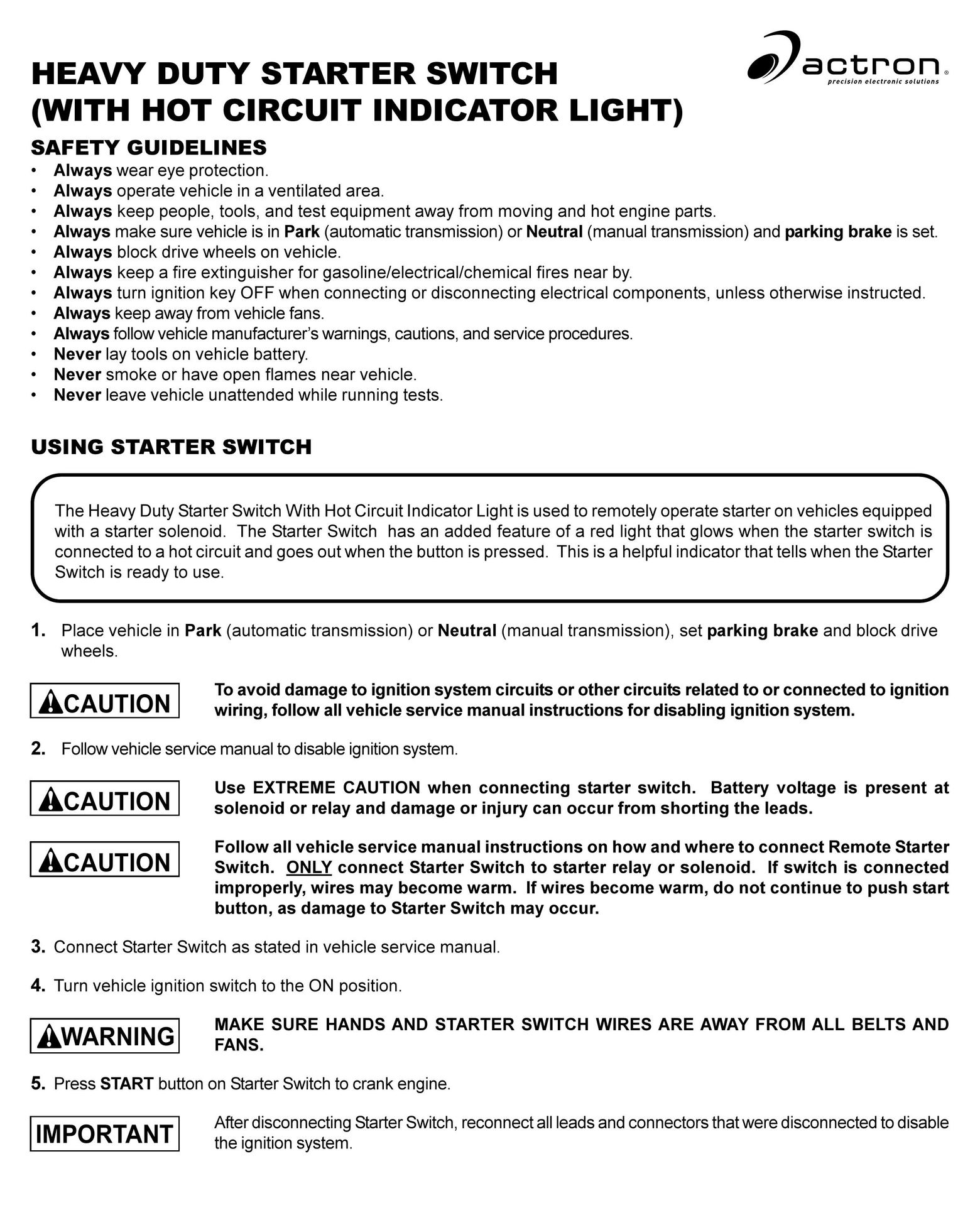 Actron Starter Switch Switch User Manual