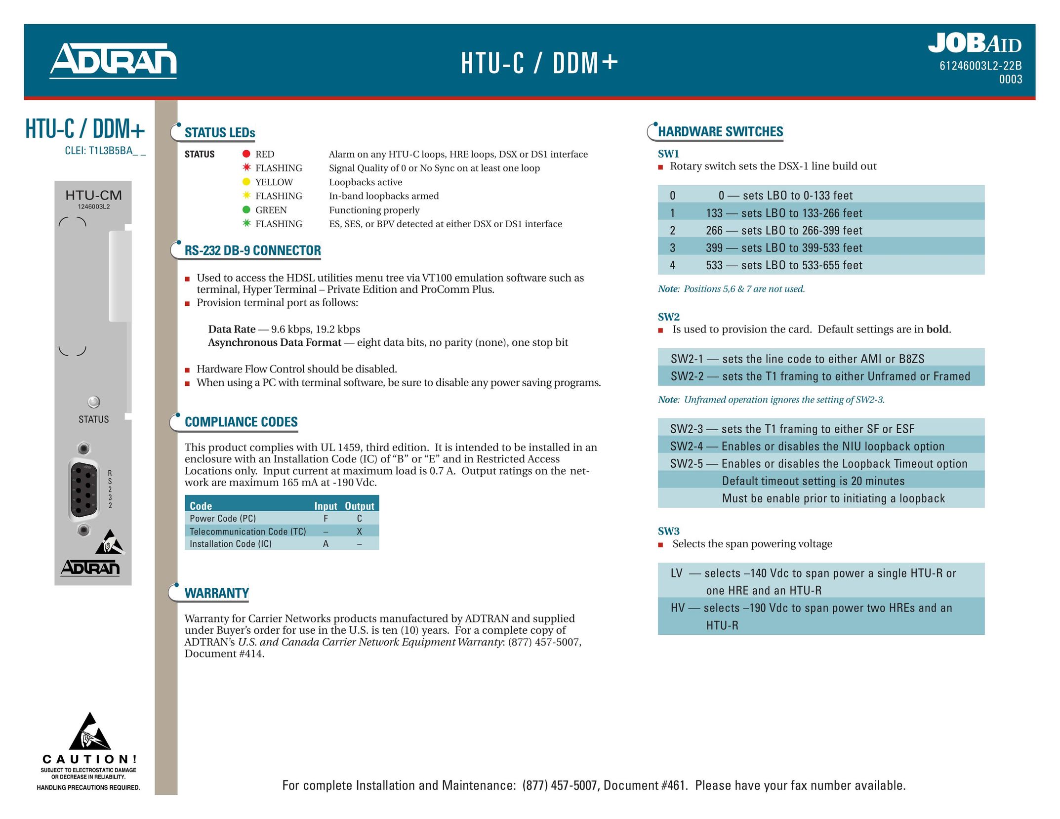 ADTRAN HDSL HTU-C/DDM+ Switch User Manual