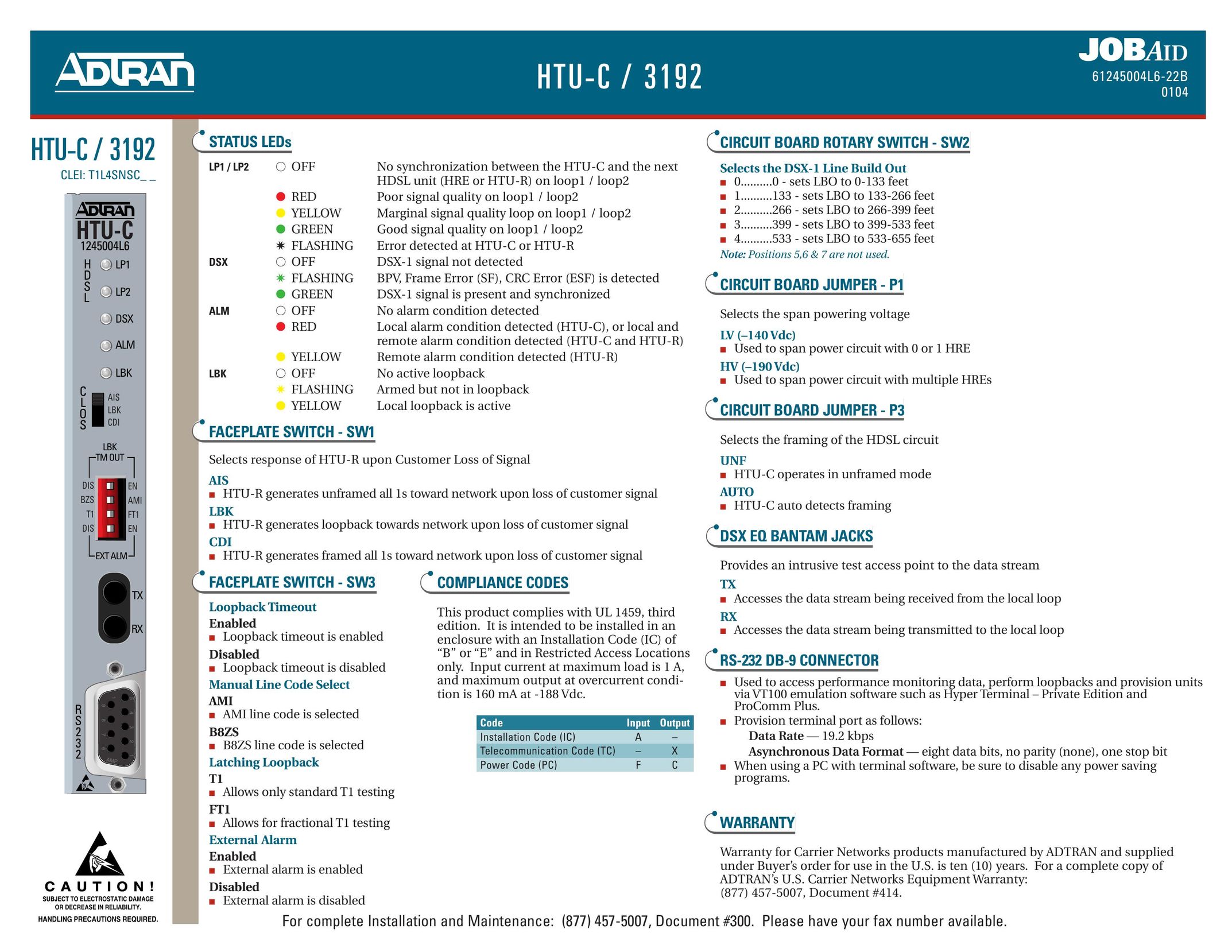 ADTRAN HTU-C / 3192 Switch User Manual