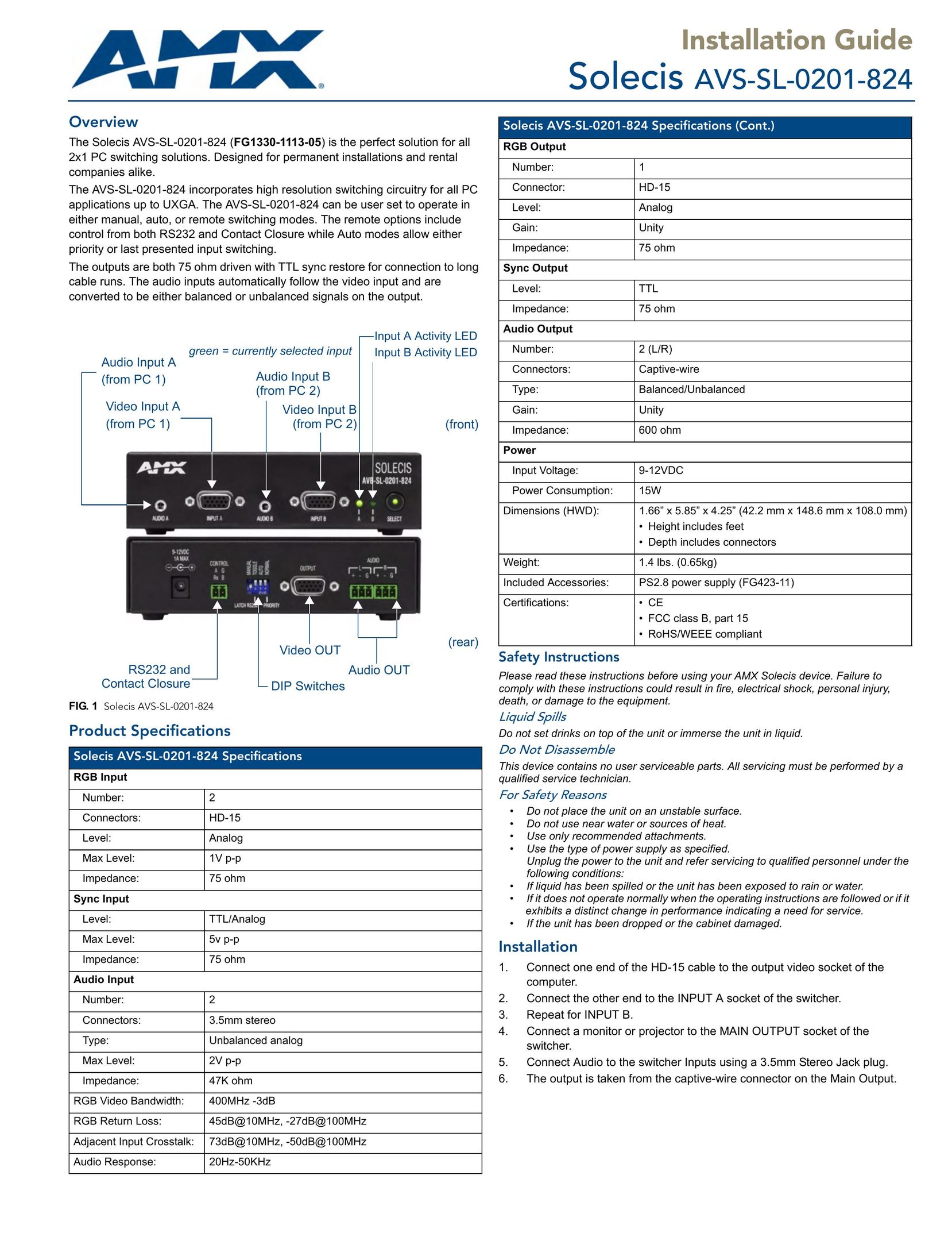 AMX AVS-SL-0201-824 Switch User Manual