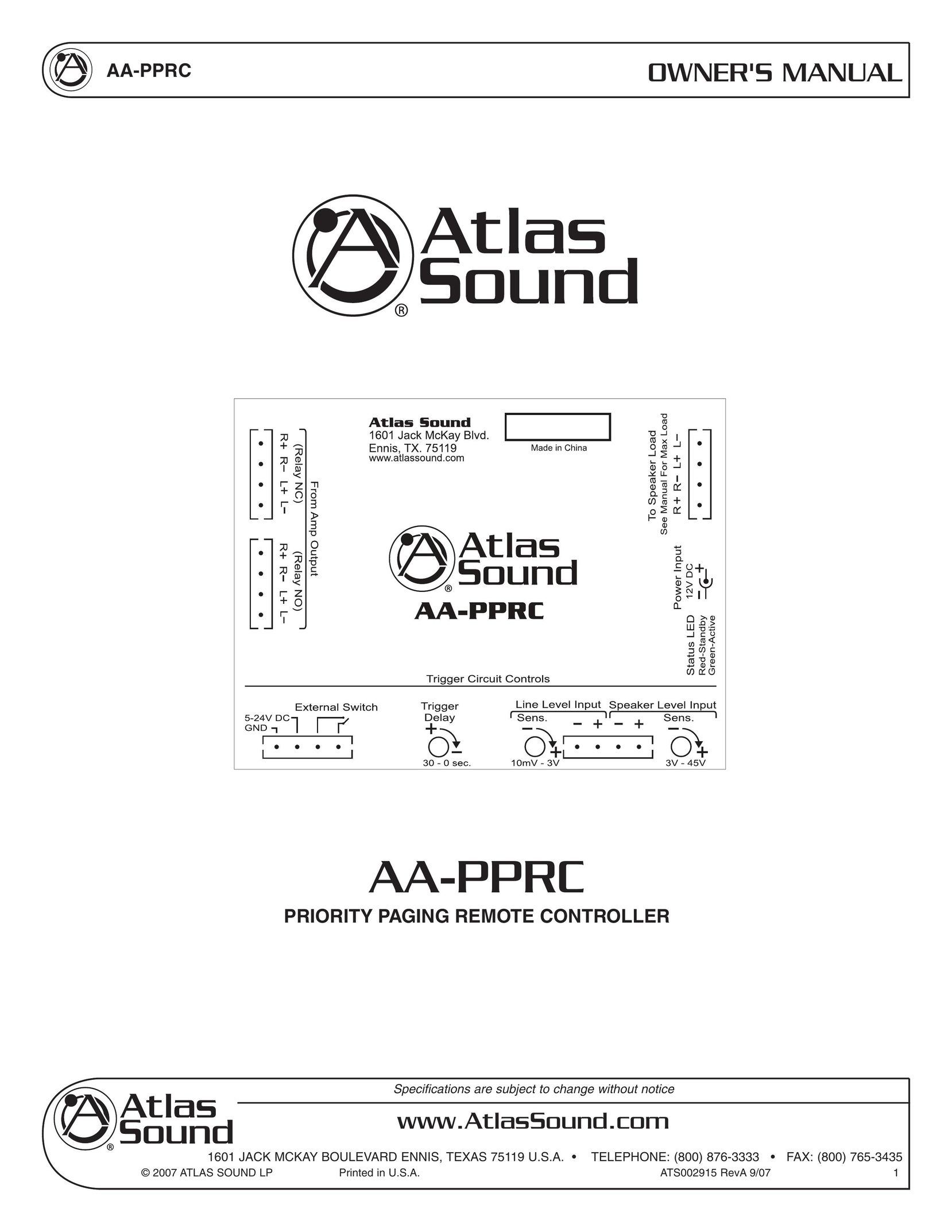 Atlas Sound AA-PPRC Switch User Manual