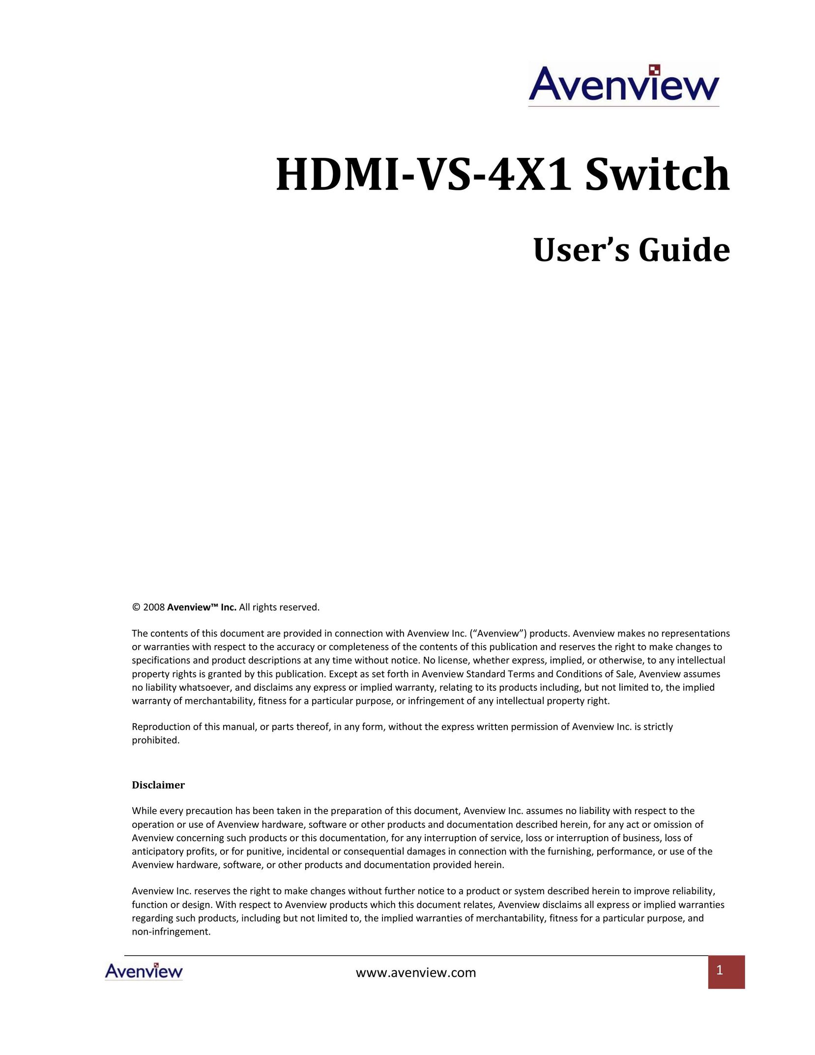 Avenview HDMI-VS-4X1 Switch User Manual