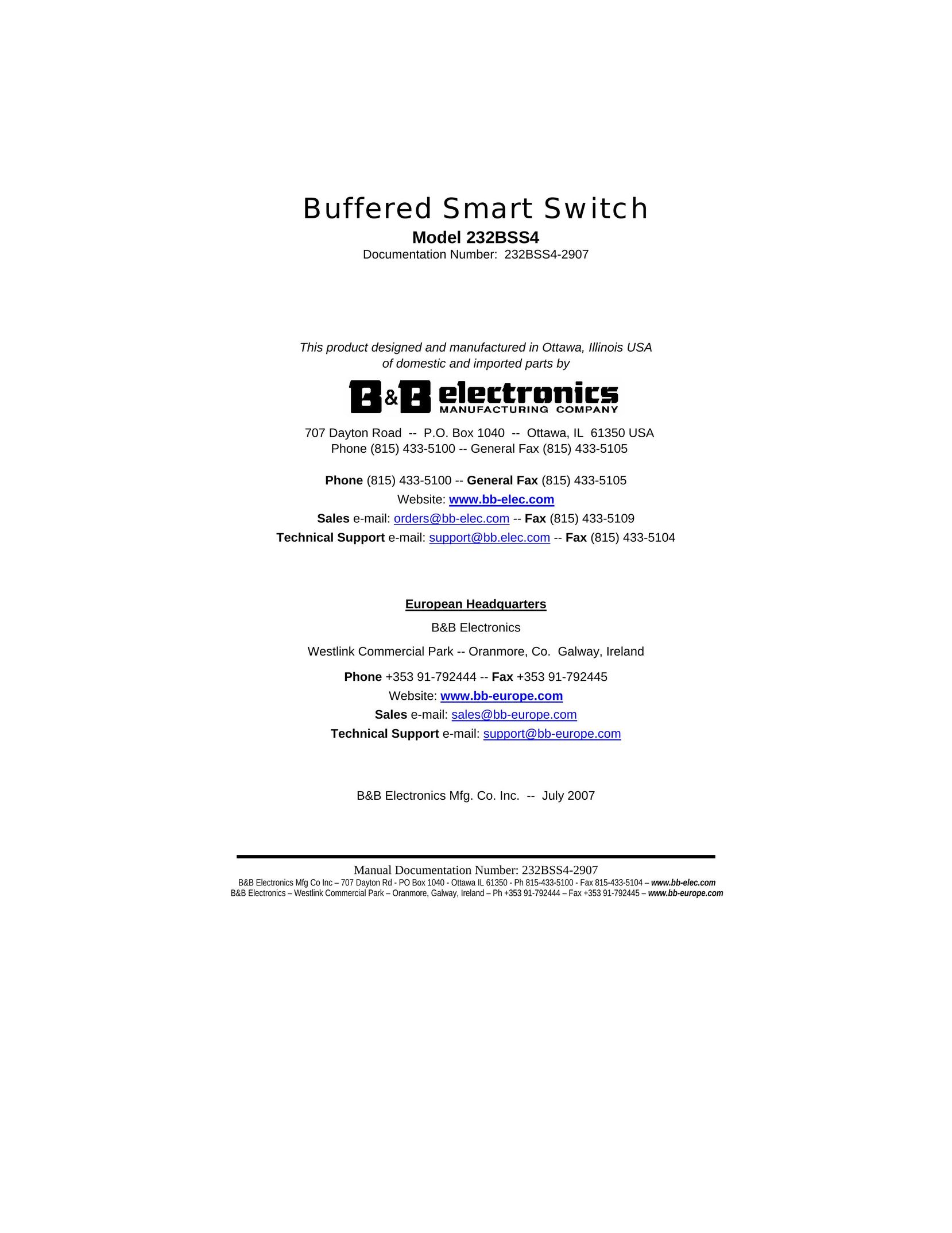 B&B Electronics 232BSS4 Switch User Manual