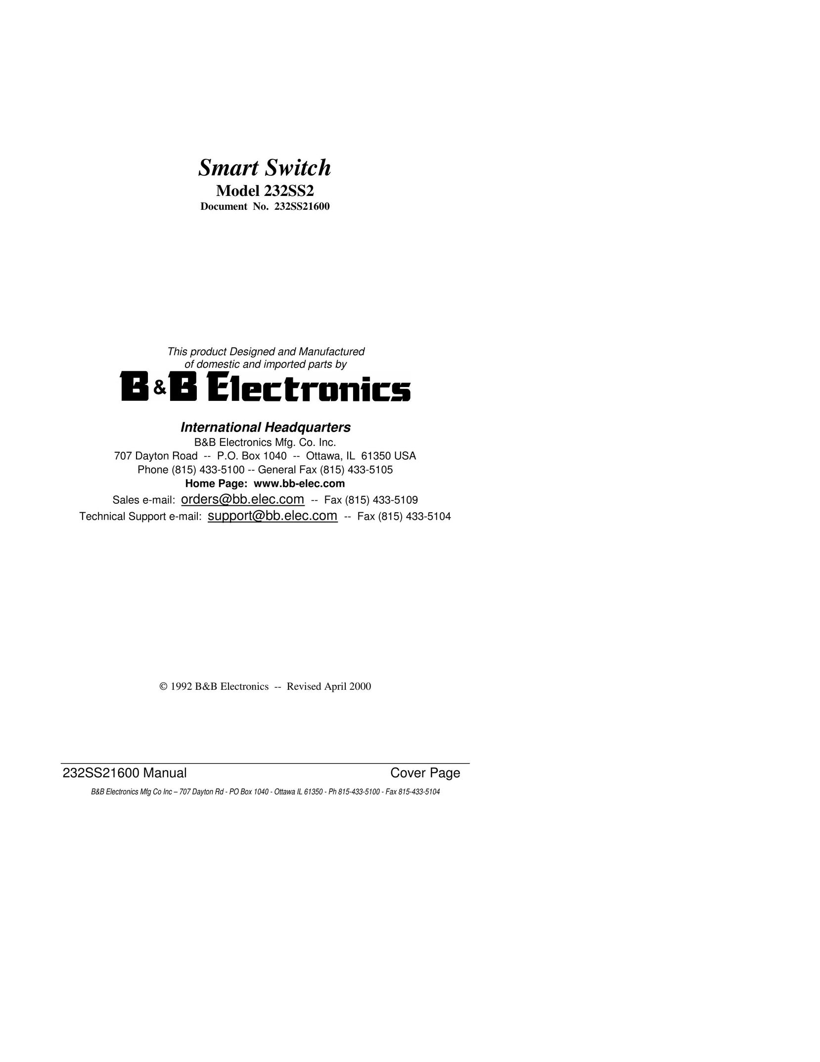 B&B Electronics 232SS21600 Switch User Manual
