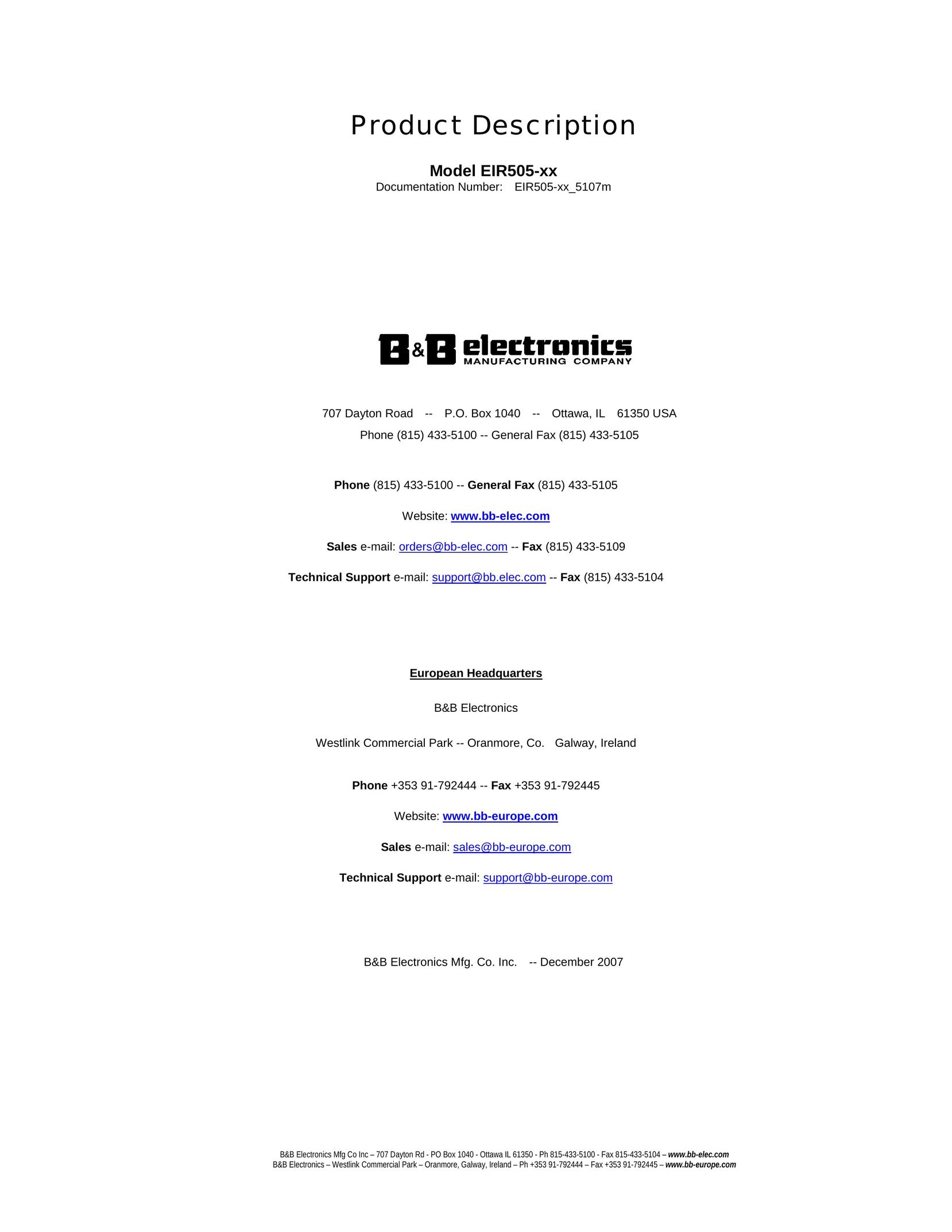 B&B Electronics EIR505-XX Switch User Manual