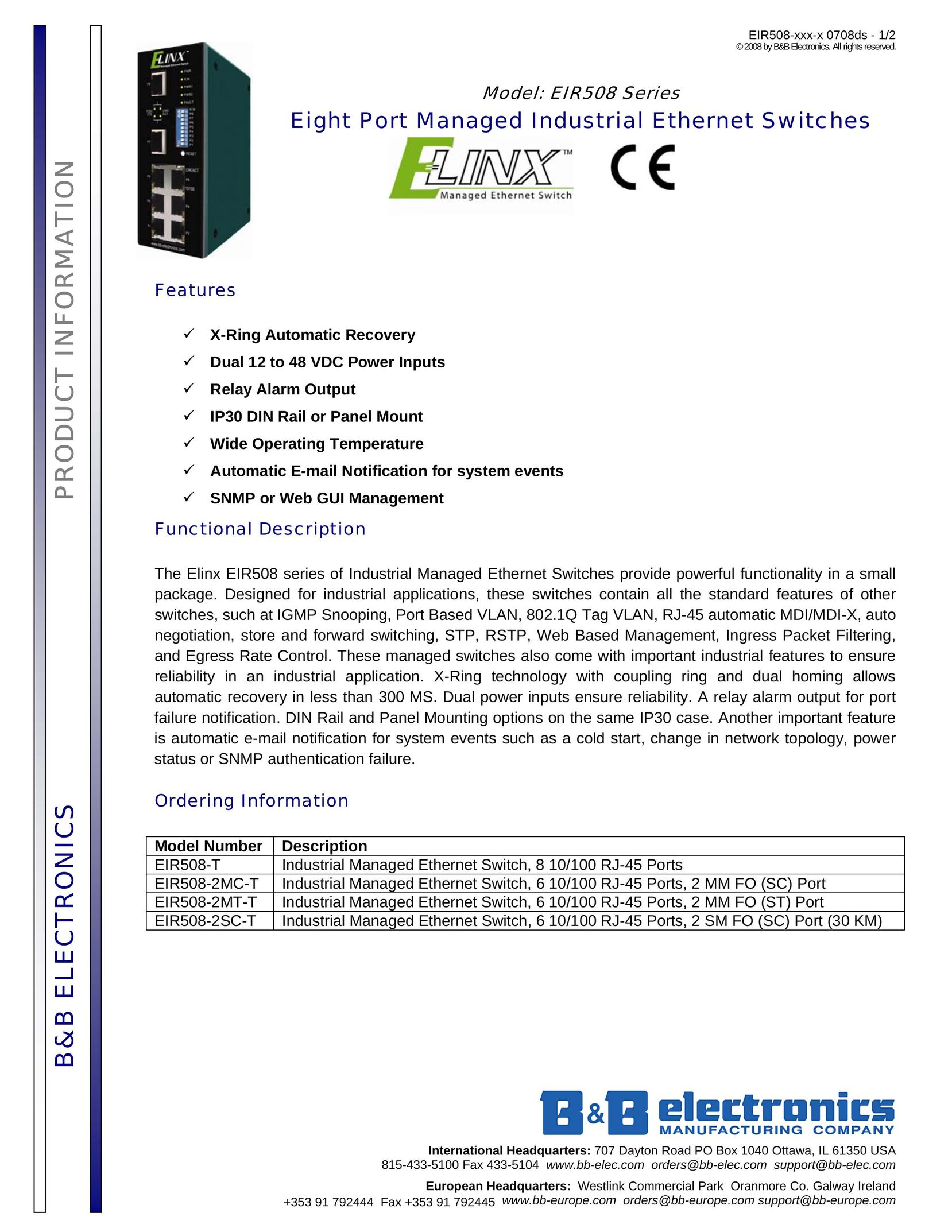 B&B Electronics EIR508-2MT-T Switch User Manual