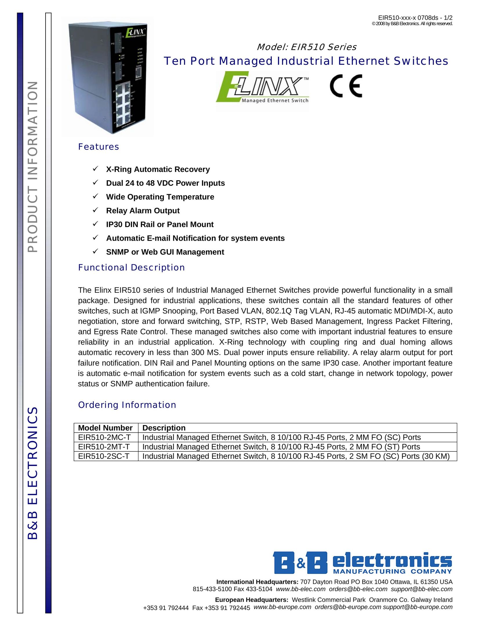 B&B Electronics EIR510-2MT-T Switch User Manual
