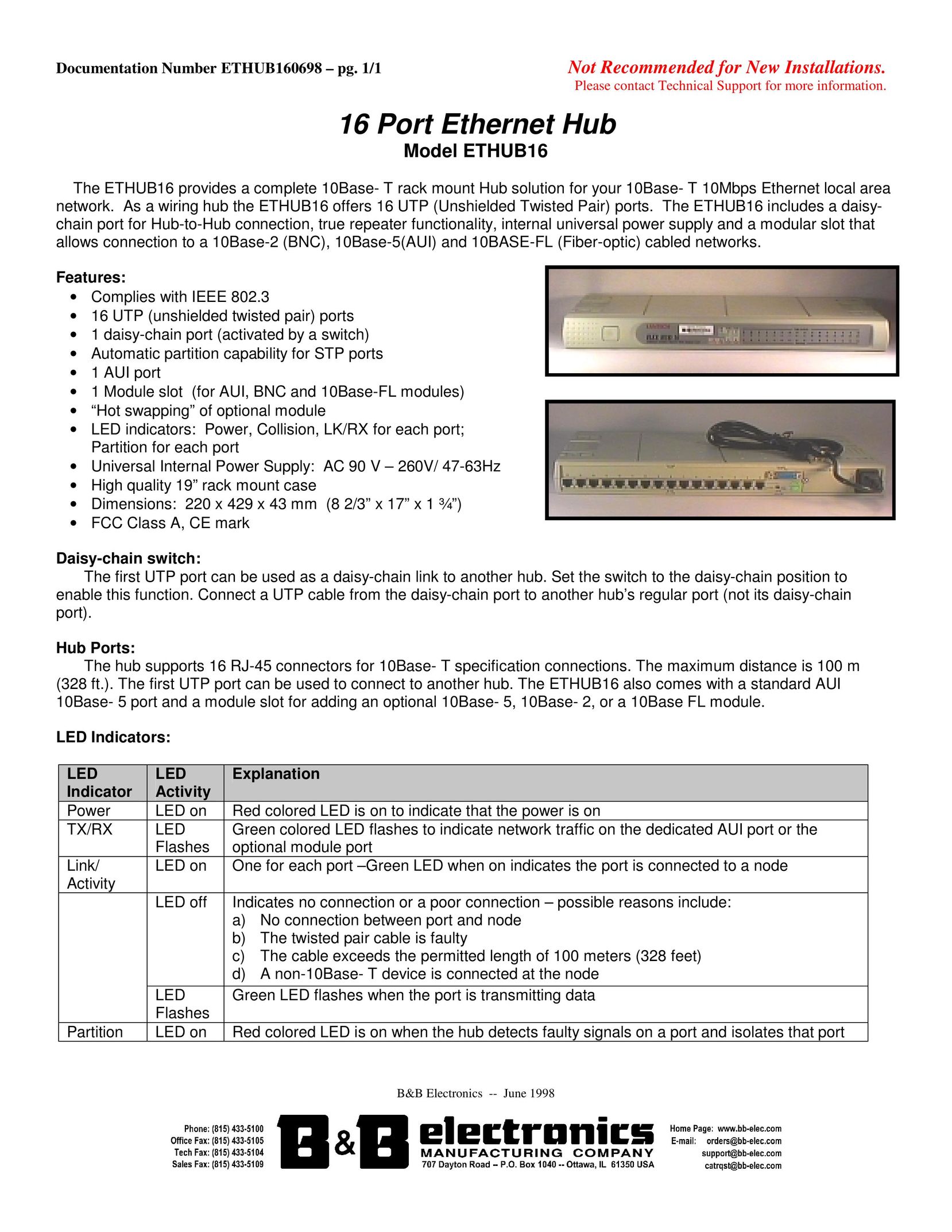 B&B Electronics ETHUB16 Switch User Manual