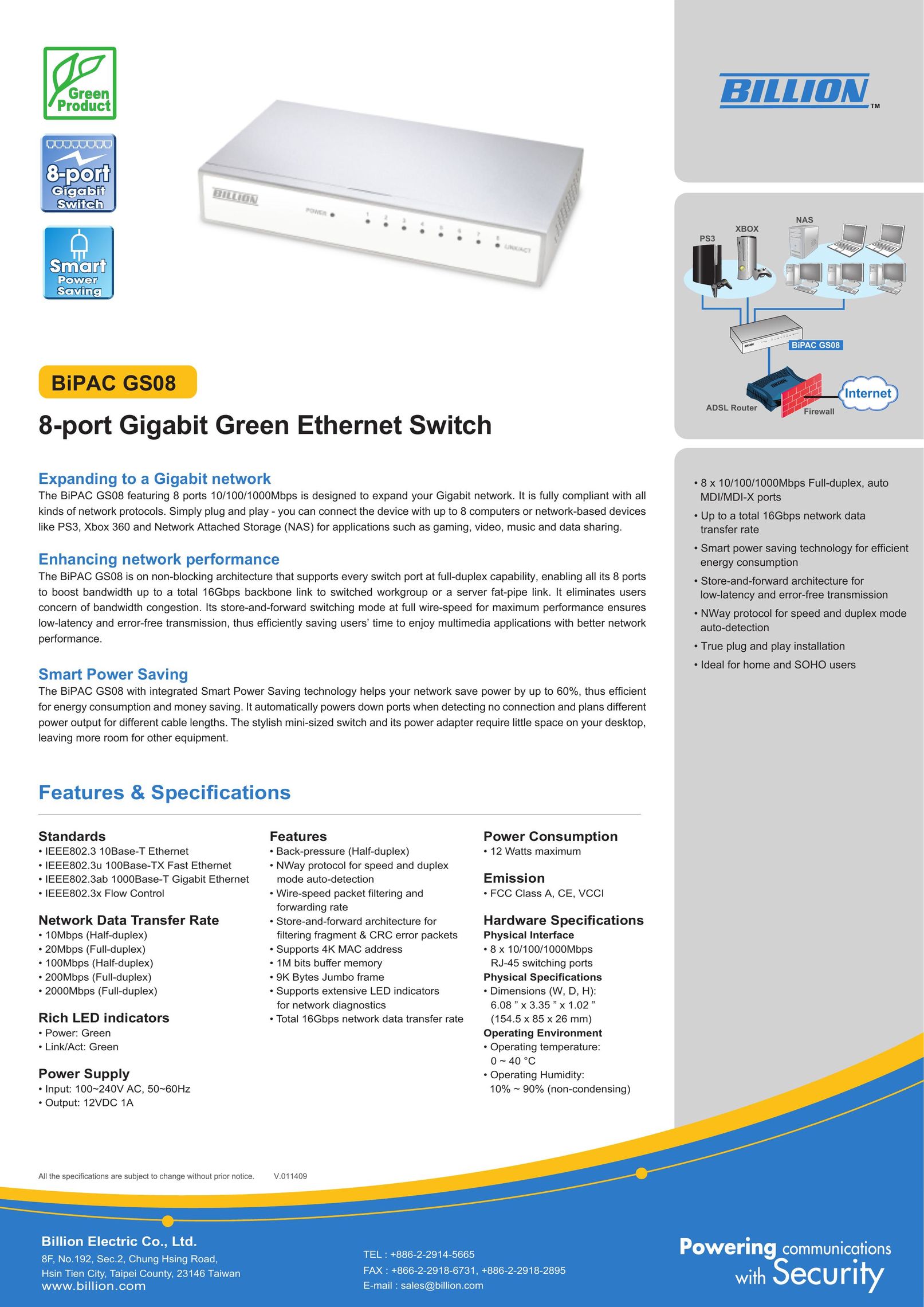 Billion Electric Company GS08 Switch User Manual