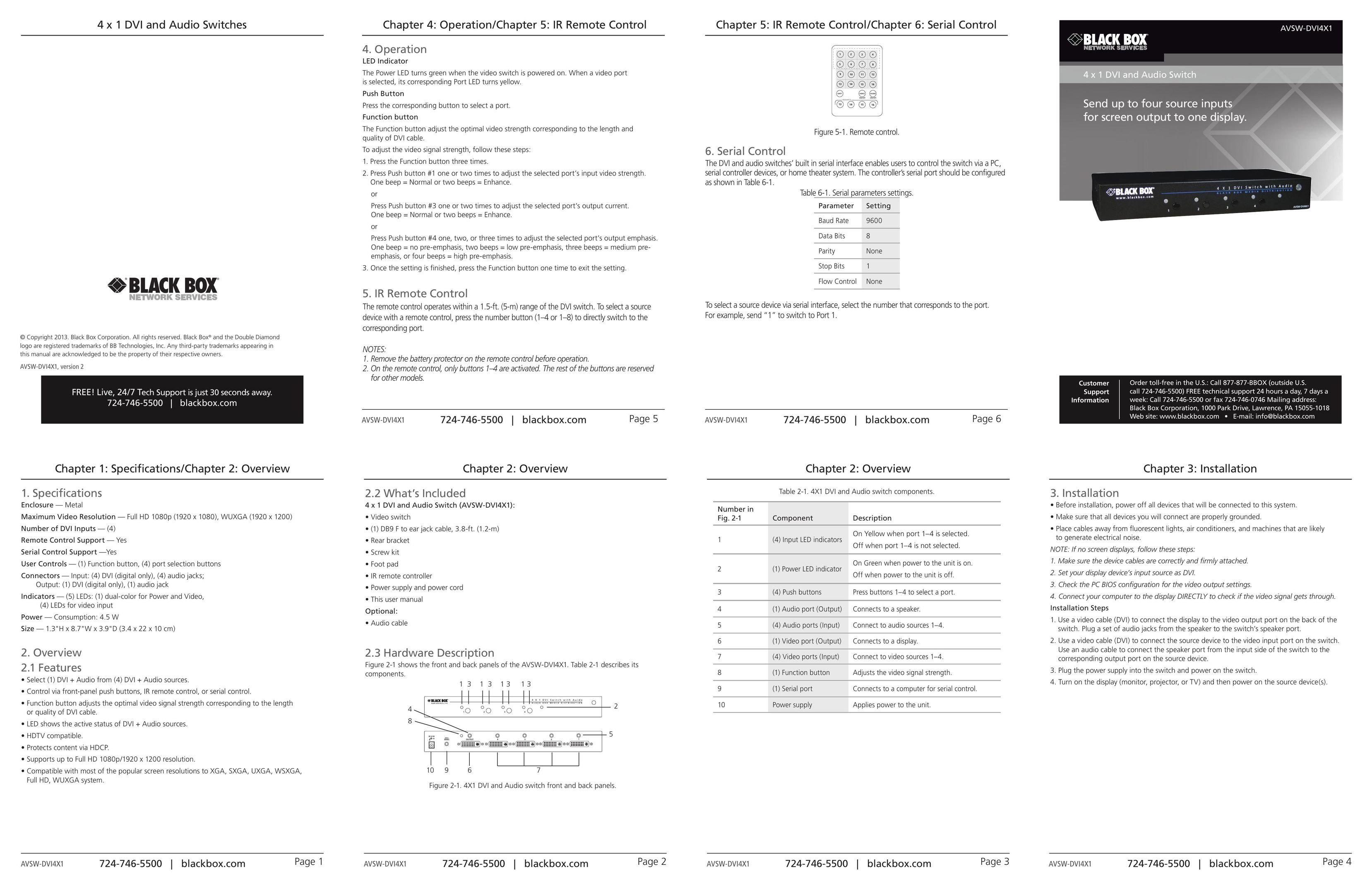Black Box 4 x 1 DVI and Audio Switch Switch User Manual