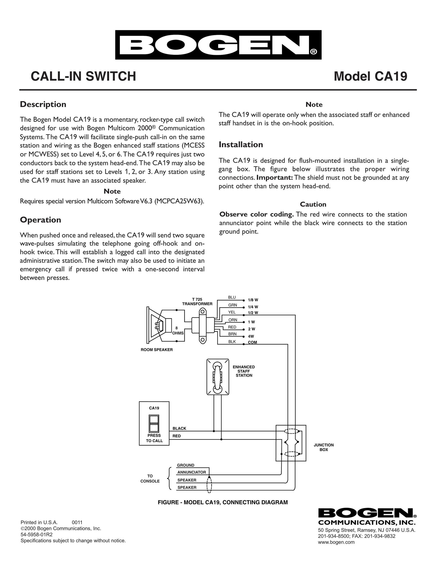 Bogen CA19 Switch User Manual