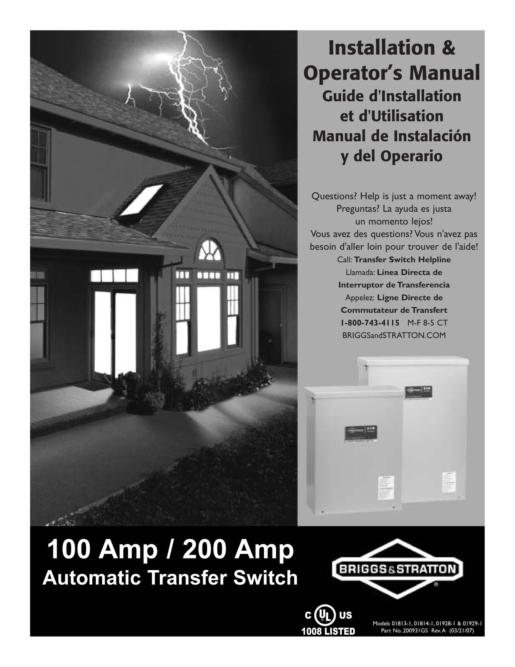Briggs & Stratton 01928-1 Switch User Manual