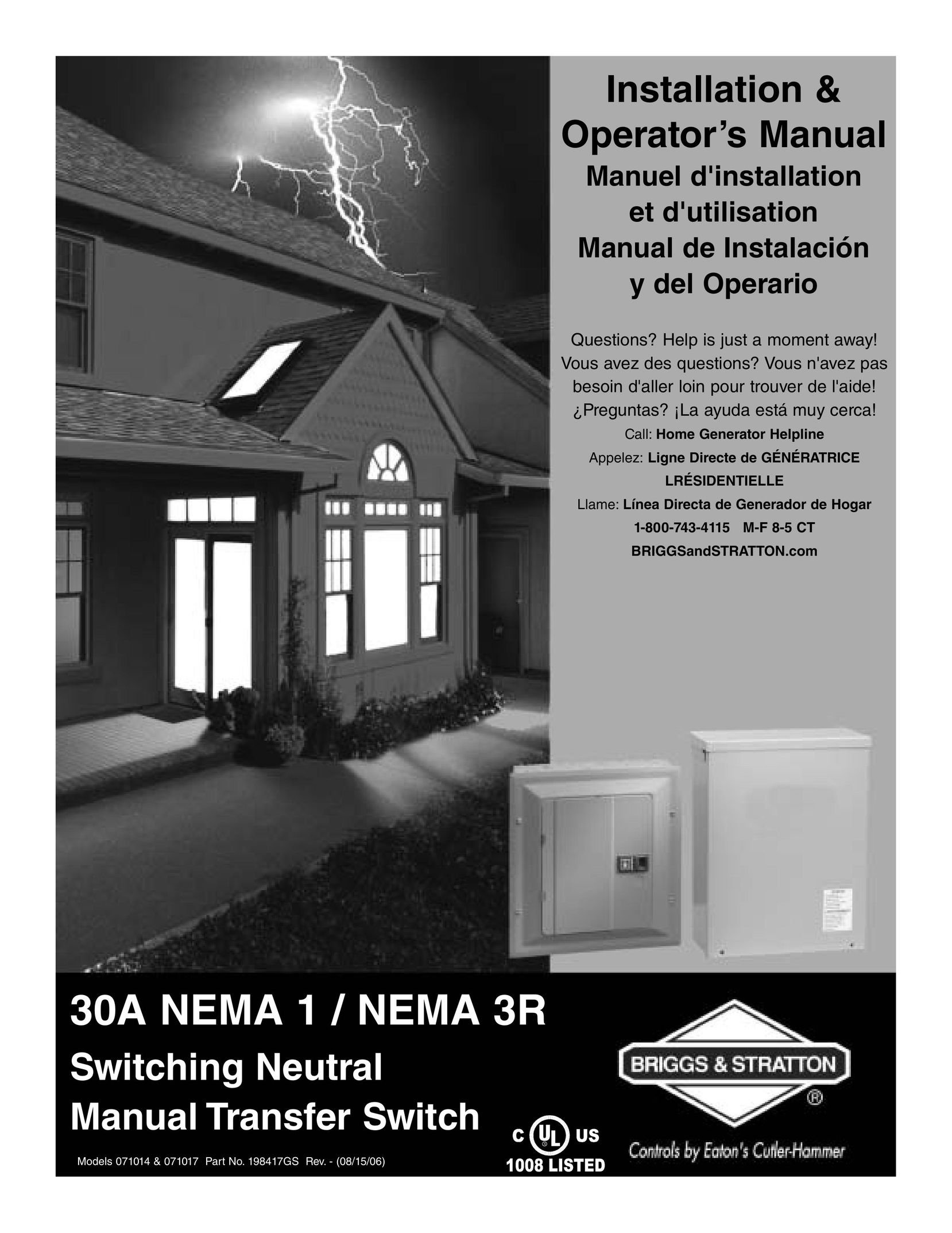 Briggs & Stratton 30A NEMA 1 Switch User Manual
