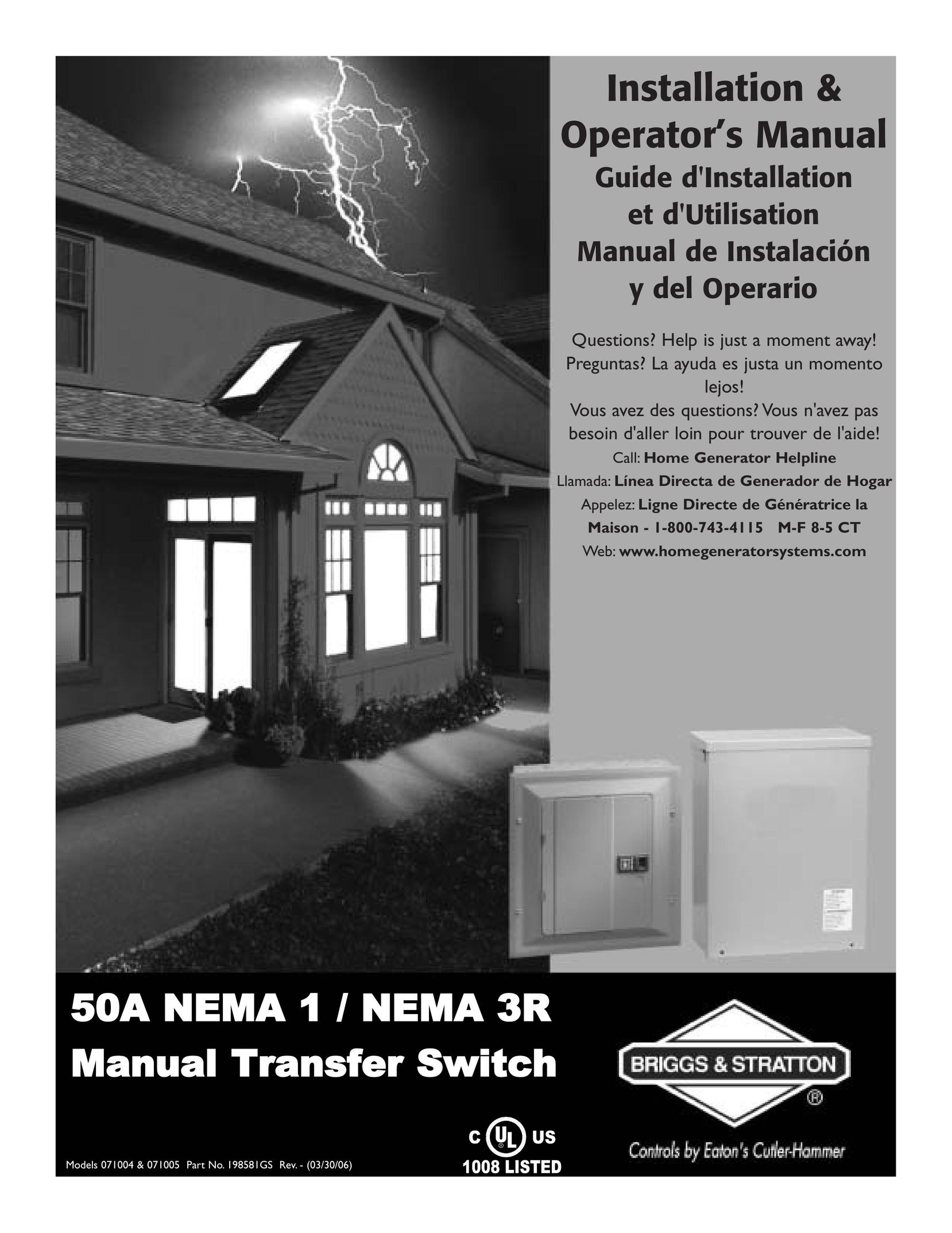 Briggs & Stratton 50A NEMA 3R Switch User Manual