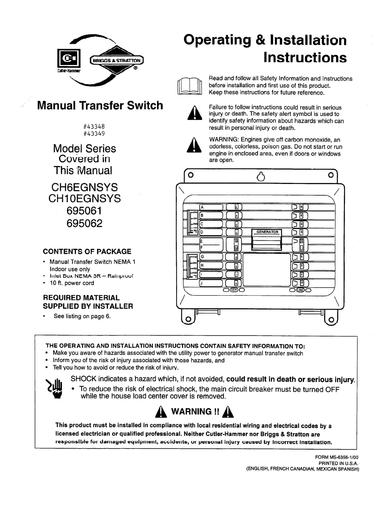Briggs & Stratton CH10EGNSYS Switch User Manual