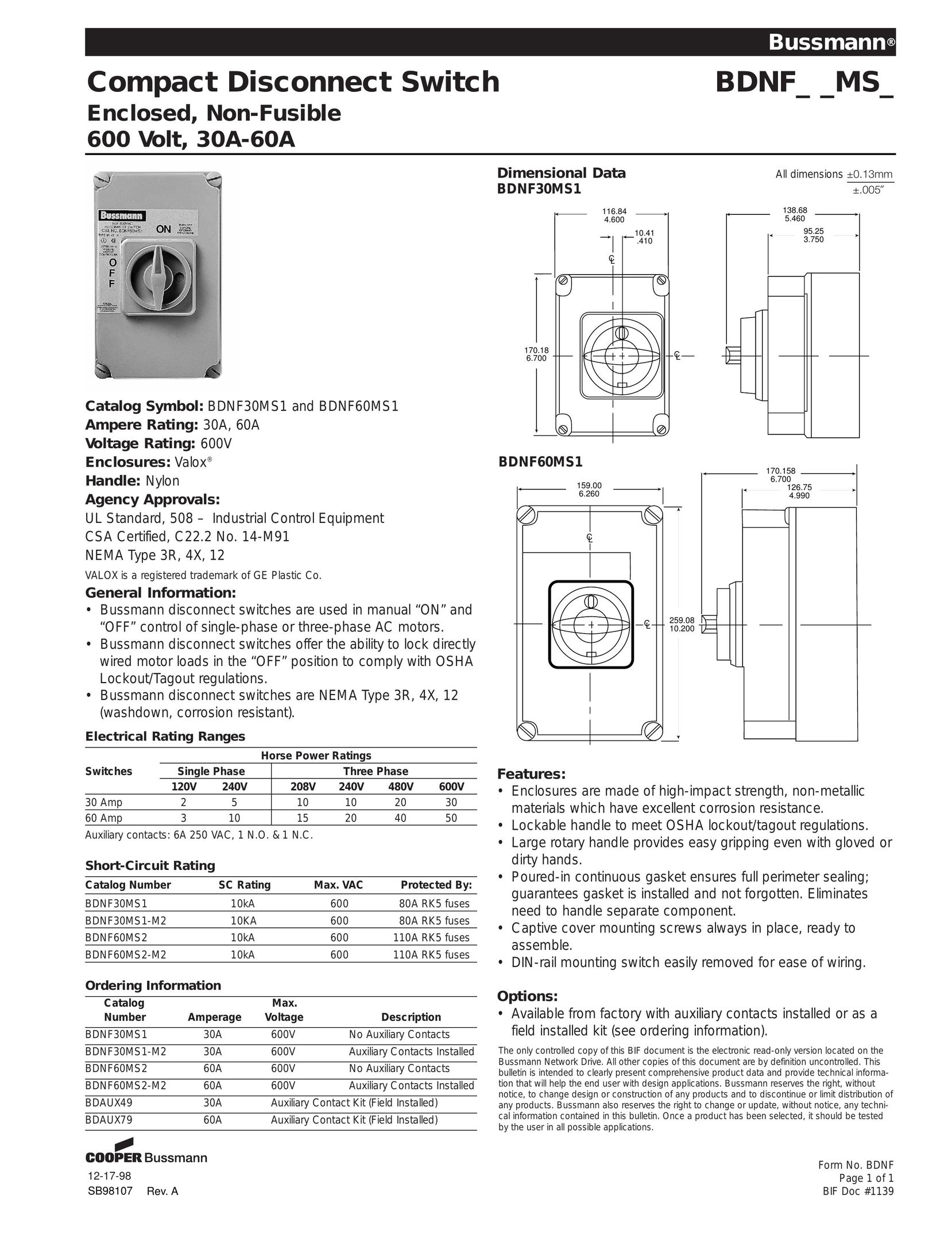 Cooper Bussmann 30A-60A Switch User Manual