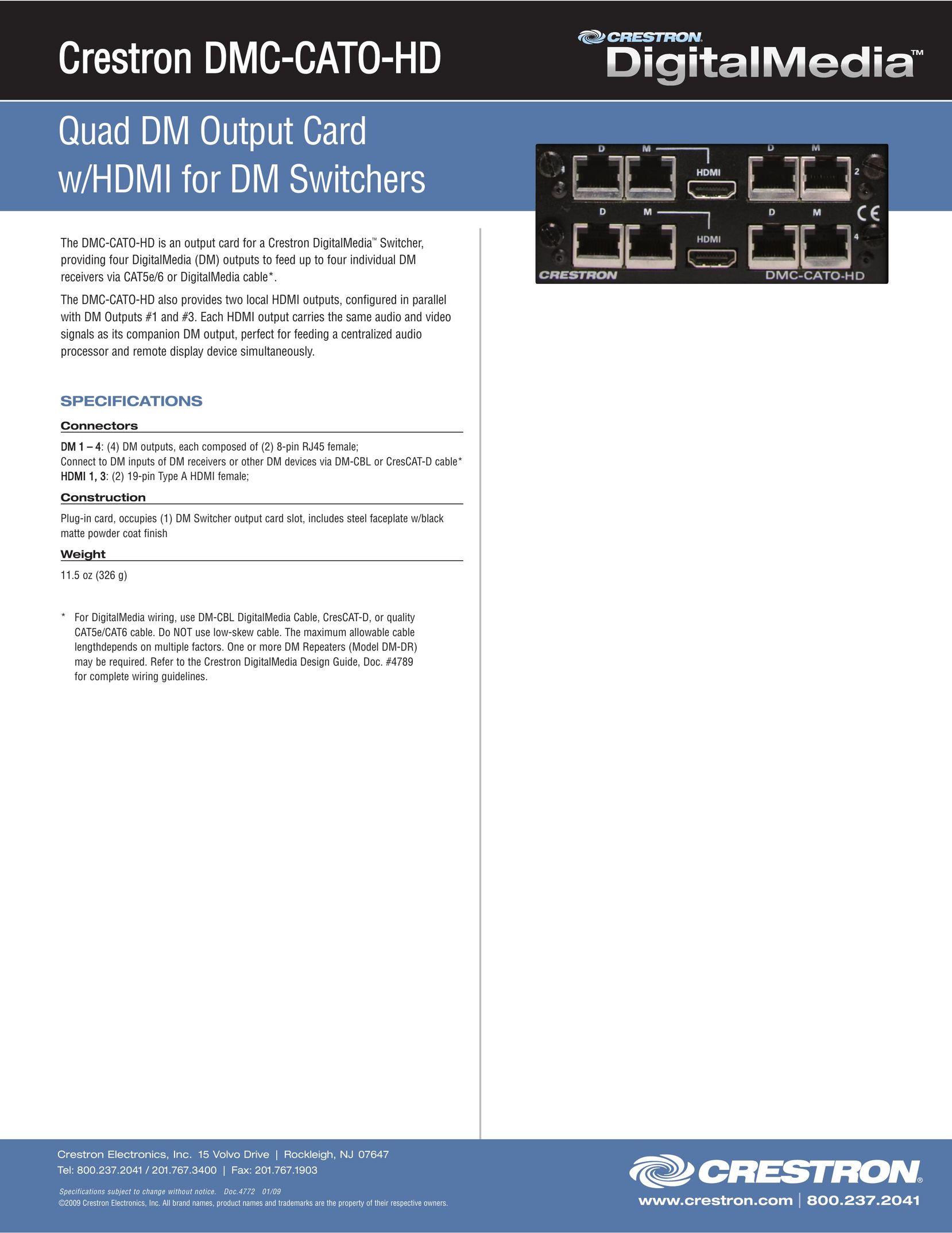 Crestron electronic DMC-CATO-HD Switch User Manual