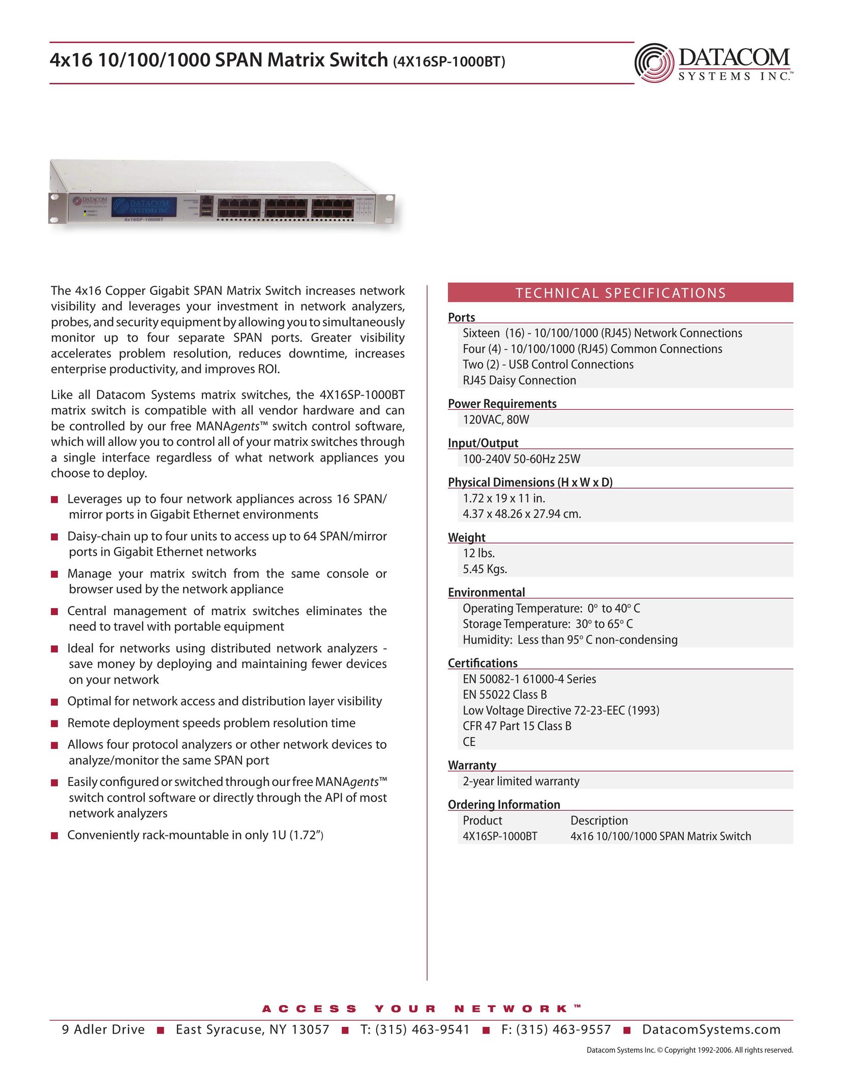 Datacom Systems 4X16SP-1000BT Switch User Manual