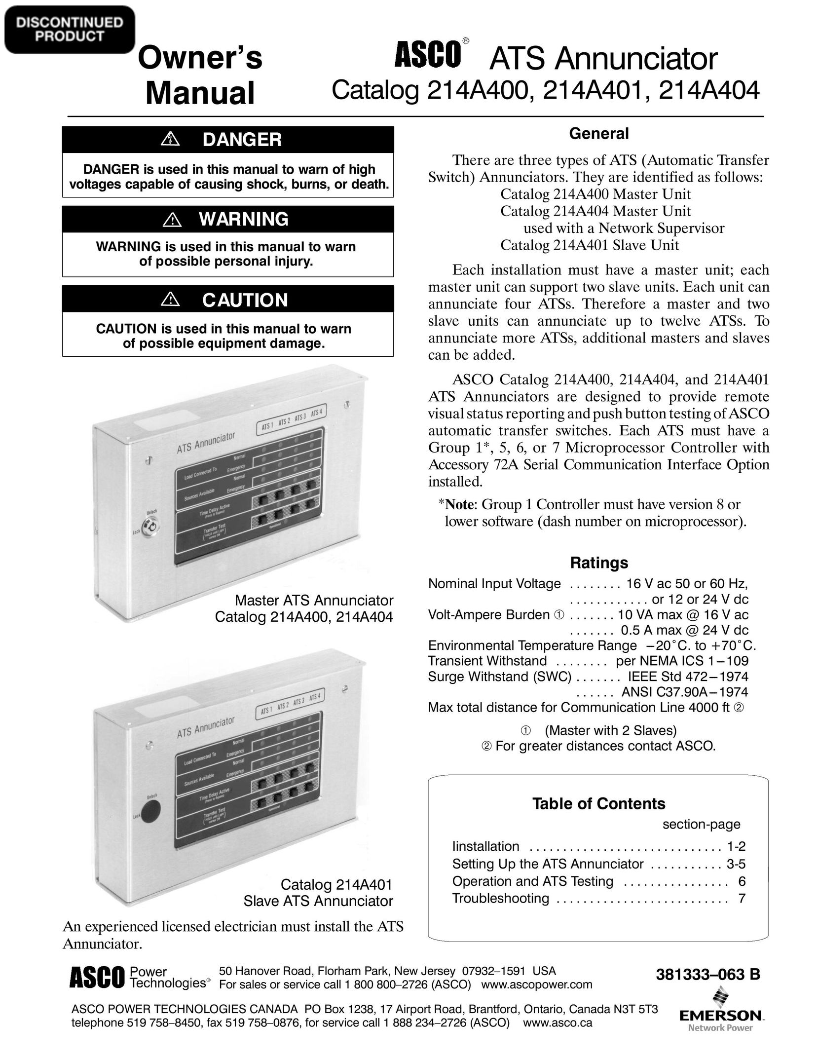 Emerson 214A401 Switch User Manual