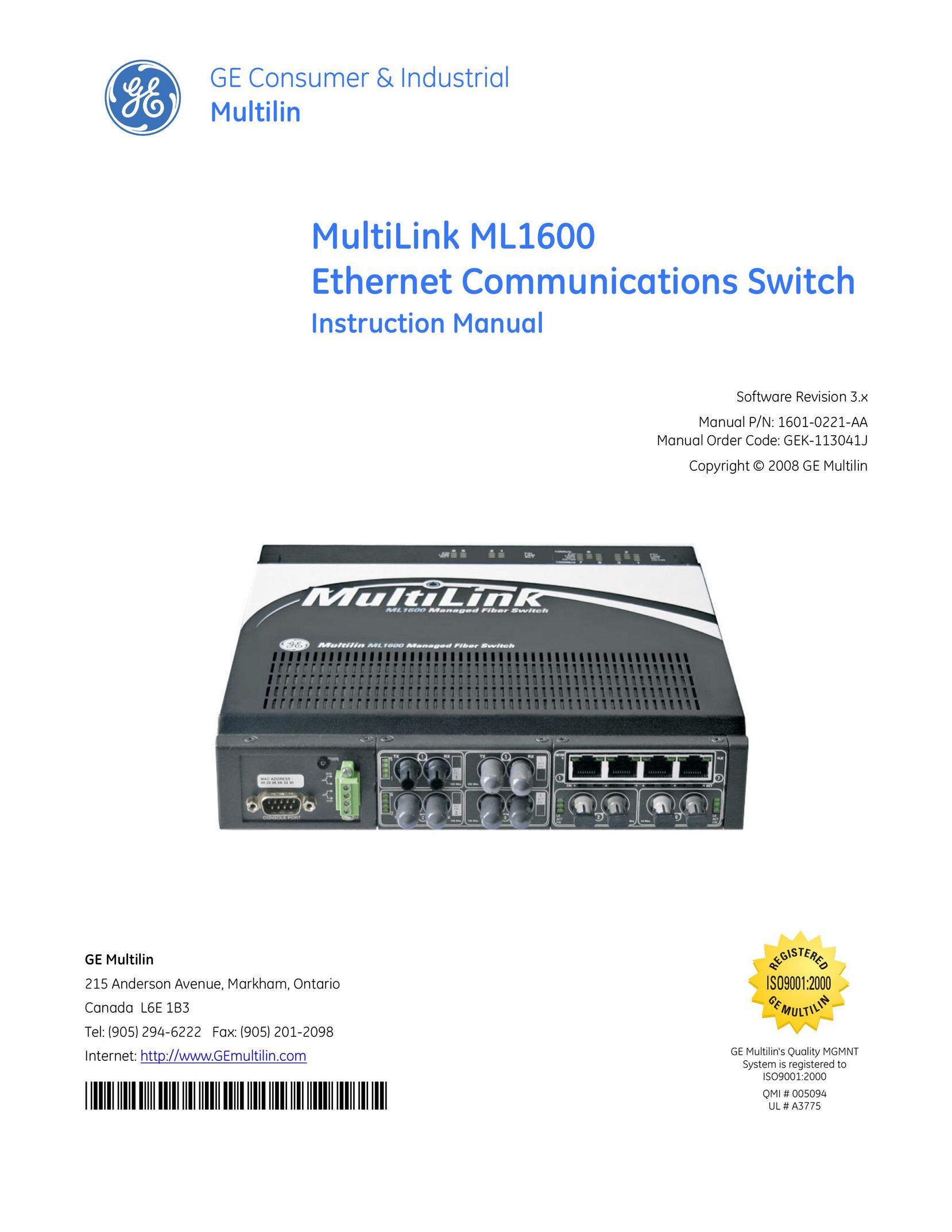 GE ML1600 Switch User Manual
