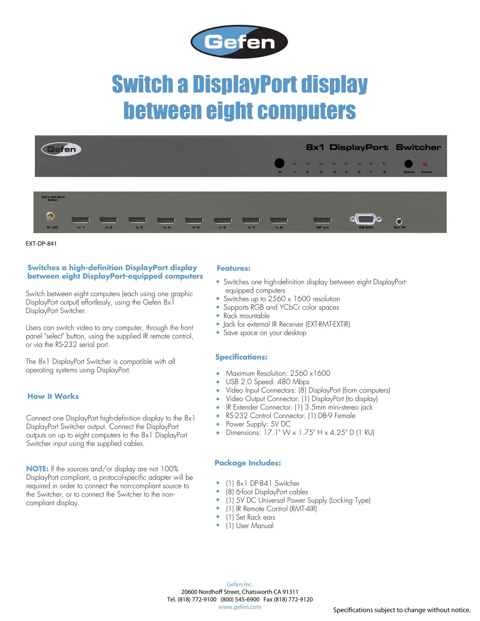 Gefen EXT-DP-841 Switch User Manual