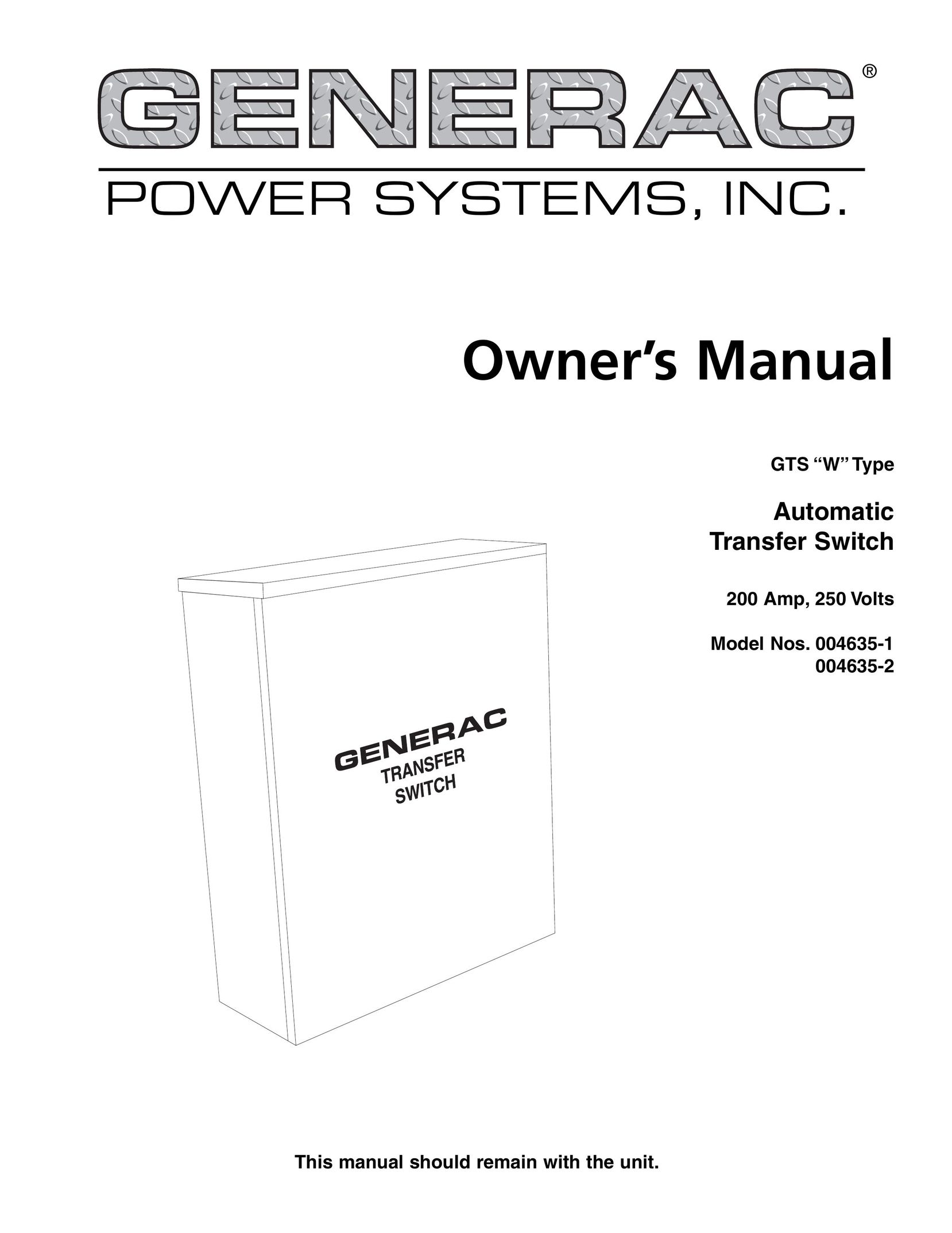 Generac Power Systems 004635-2 Switch User Manual
