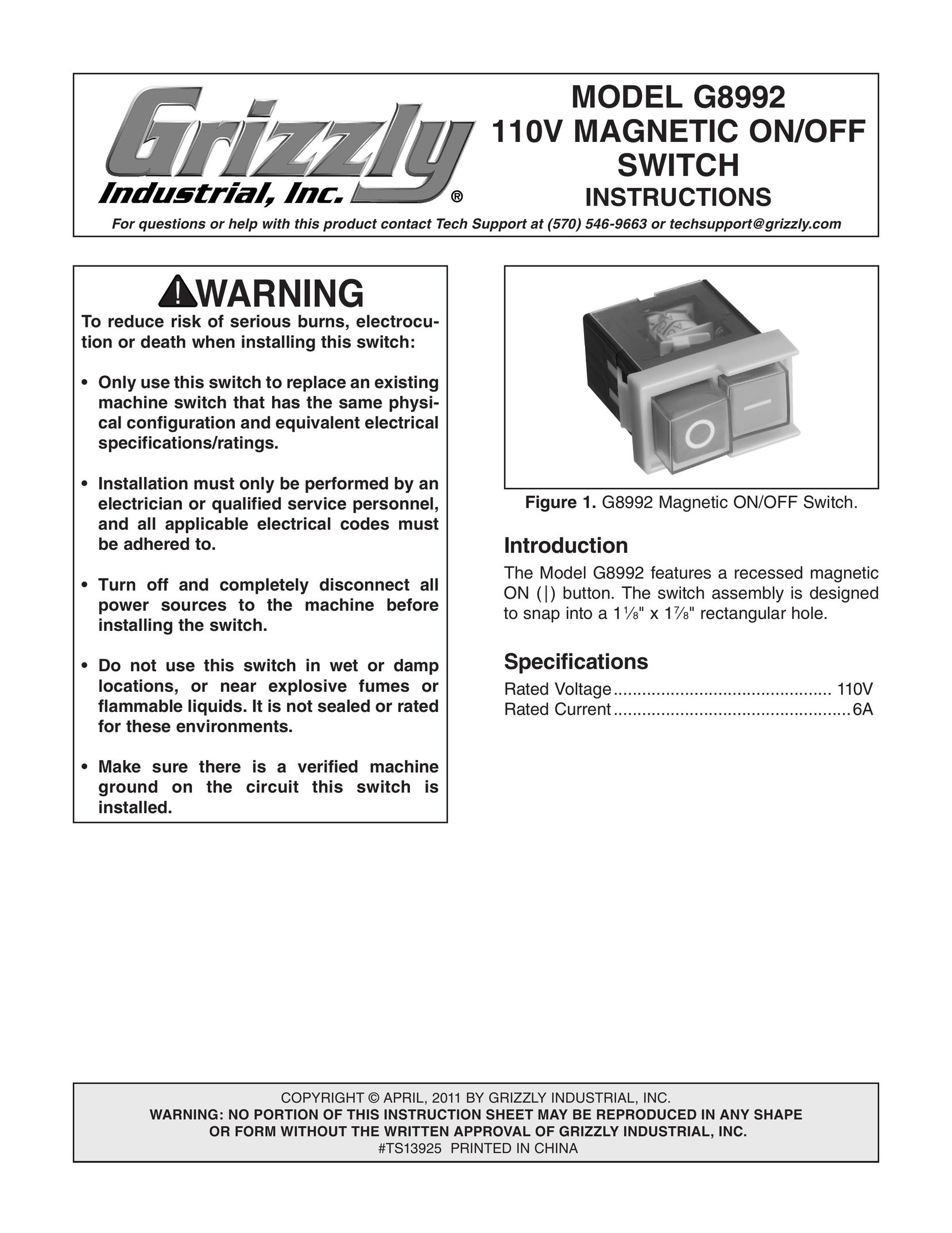 Grizzly G8992 Switch User Manual