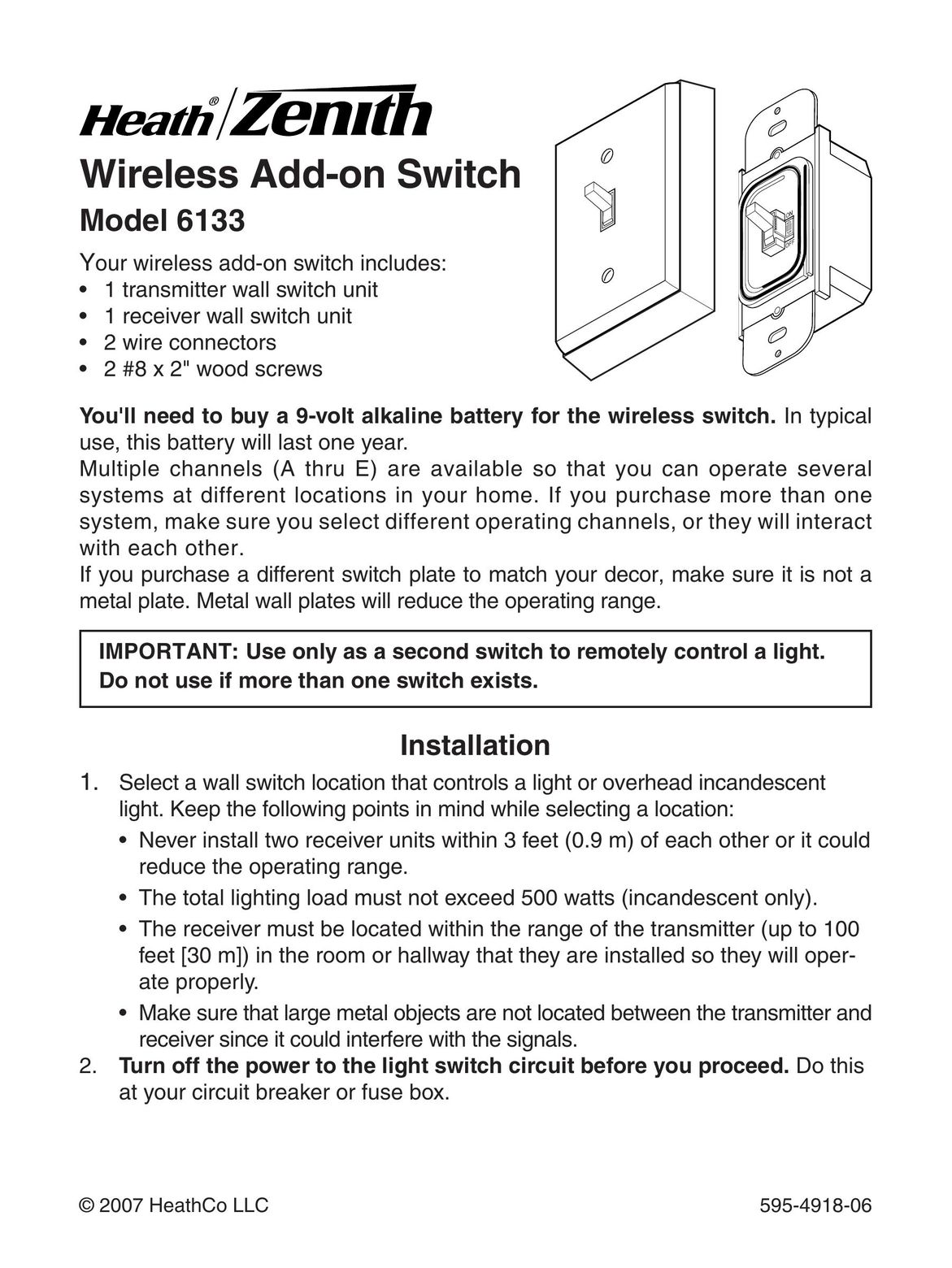 Heath Zenith 6133 Switch User Manual